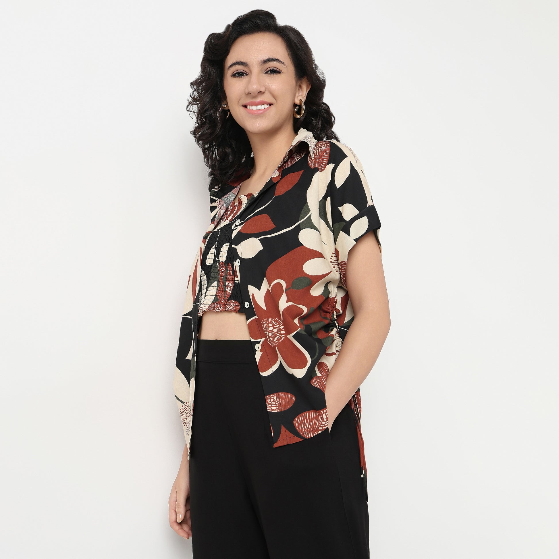 Order Now Women Print Shirt Collar Straight Boxy Fit High Rise Ethnic Wear Fusion Set by Style Union