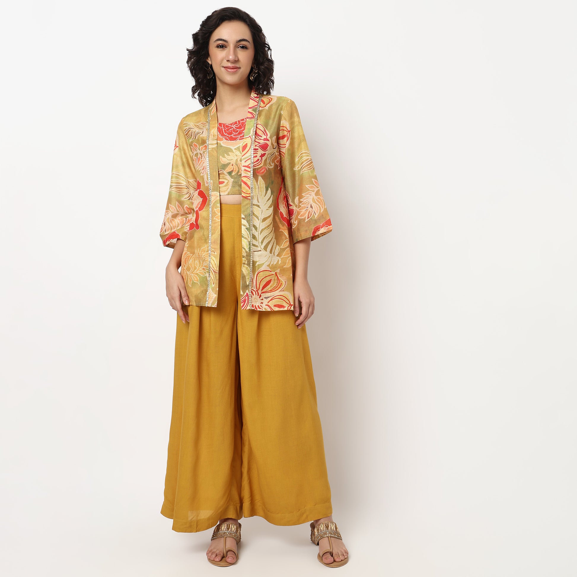 Buy Women Flare Fit Printed Three-Fourth Sleeve Crop Top with Palazzo with Shrug Set  - Style Union