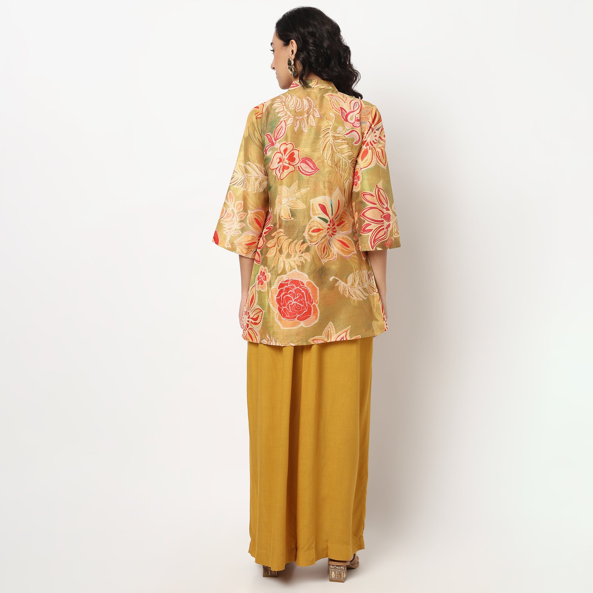 Buy Women Flare Fit Printed Three-Fourth Sleeve Crop Top with Palazzo with Shrug Set  - Style Union