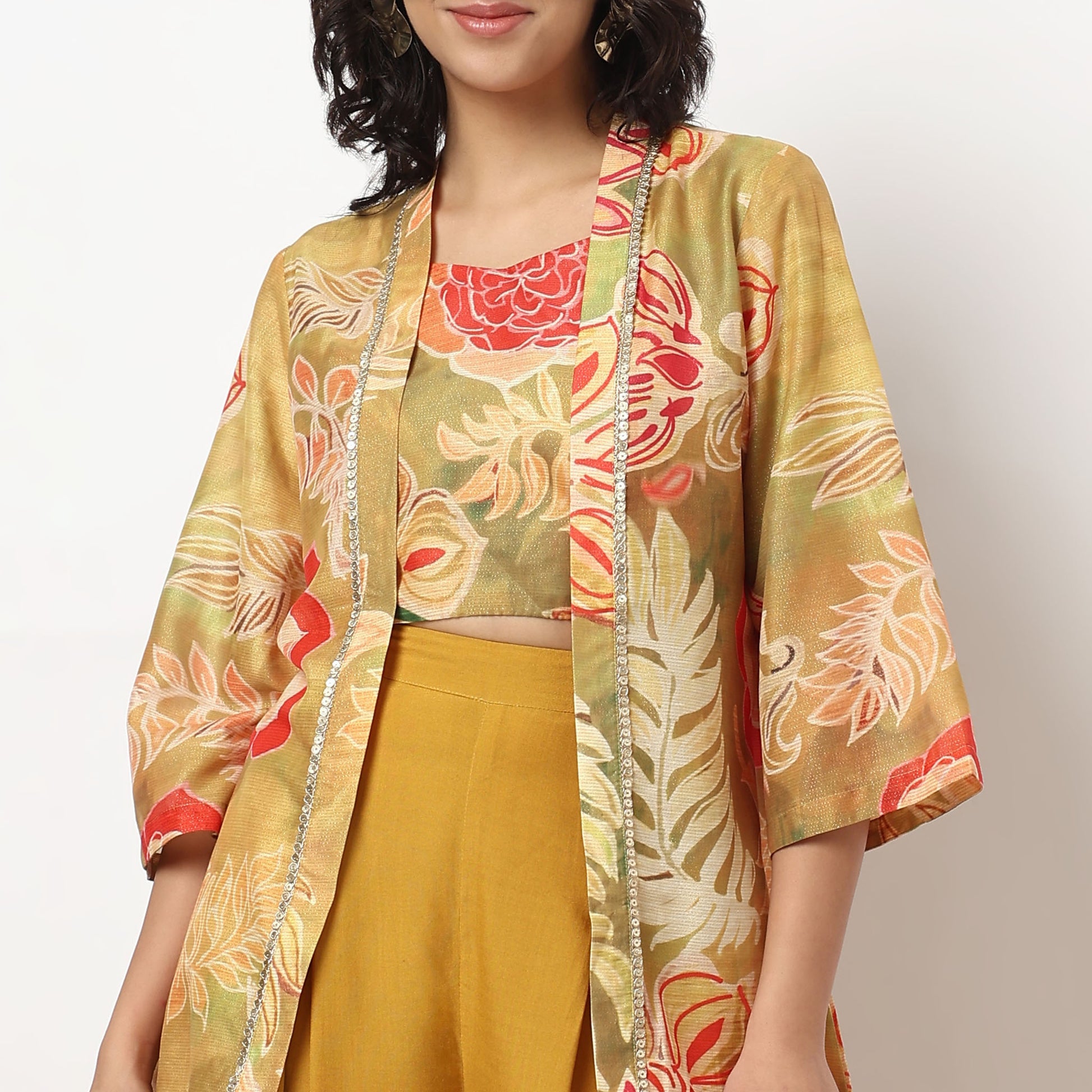 Buy Women Flare Fit Printed Three-Fourth Sleeve Crop Top with Palazzo with Shrug Set  - Style Union