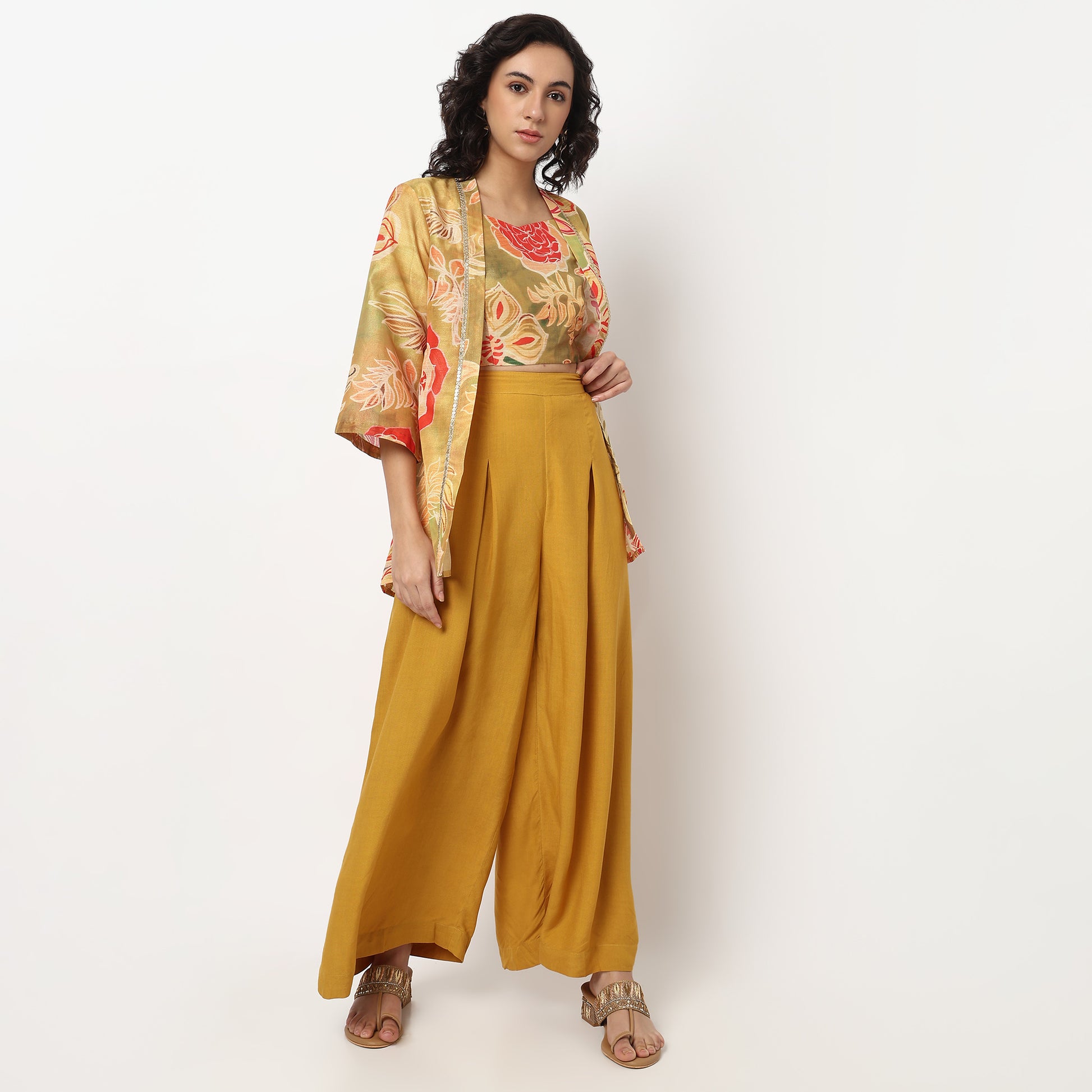 Buy Women Flare Fit Printed Three-Fourth Sleeve Crop Top with Palazzo with Shrug Set  - Style Union