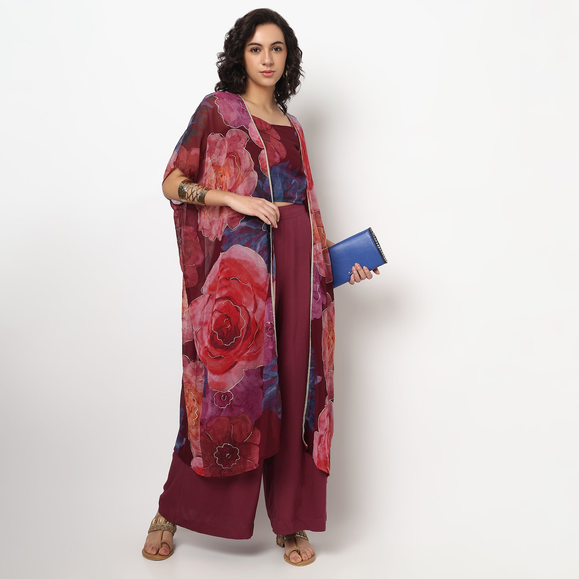 Buy Women Flare Fit Printed Sleeveless Crop Top and Skirt with Cape Set  - Style Union