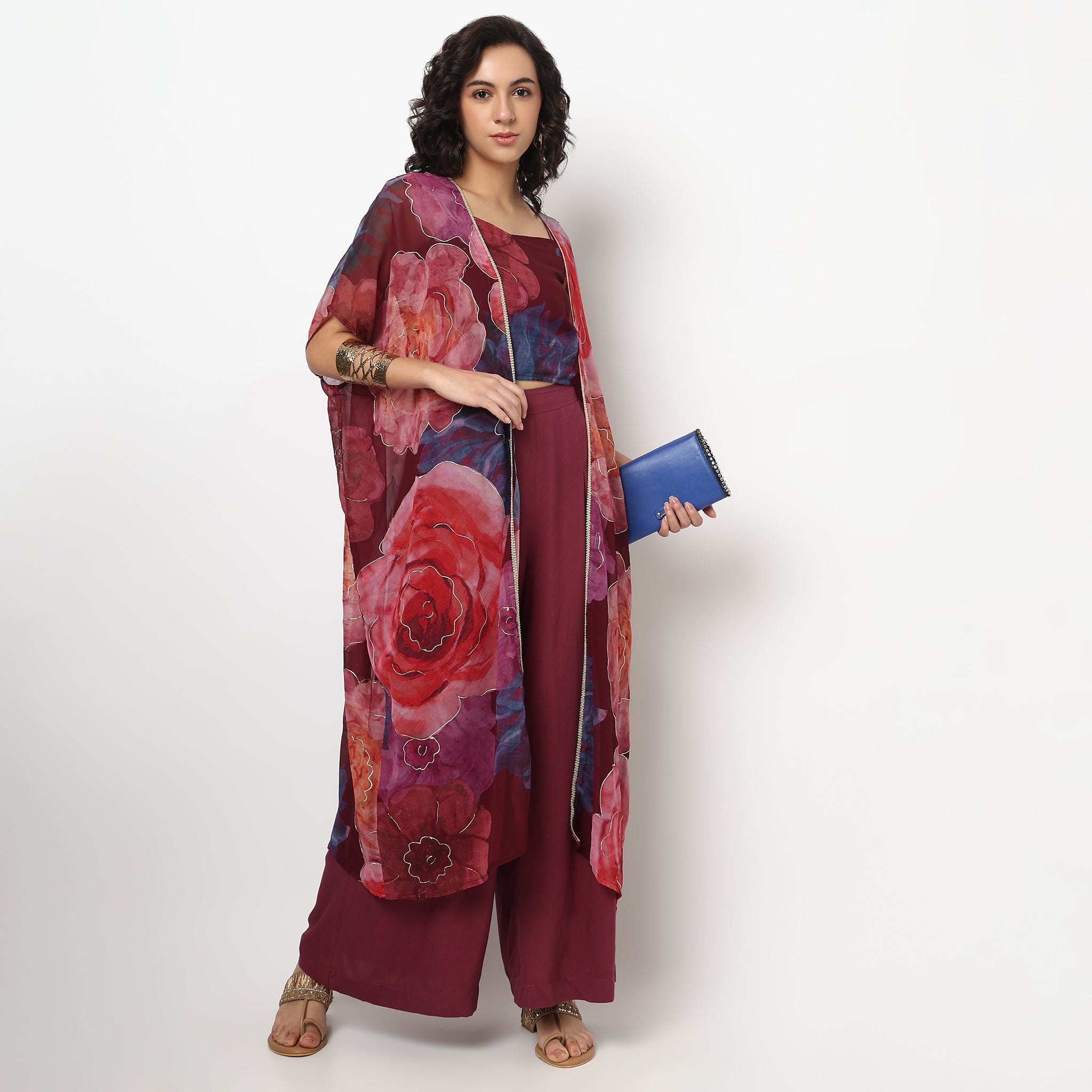 Buy Women Flare Fit Printed Sleeveless Crop Top and Skirt with Cape Set  - Style Union