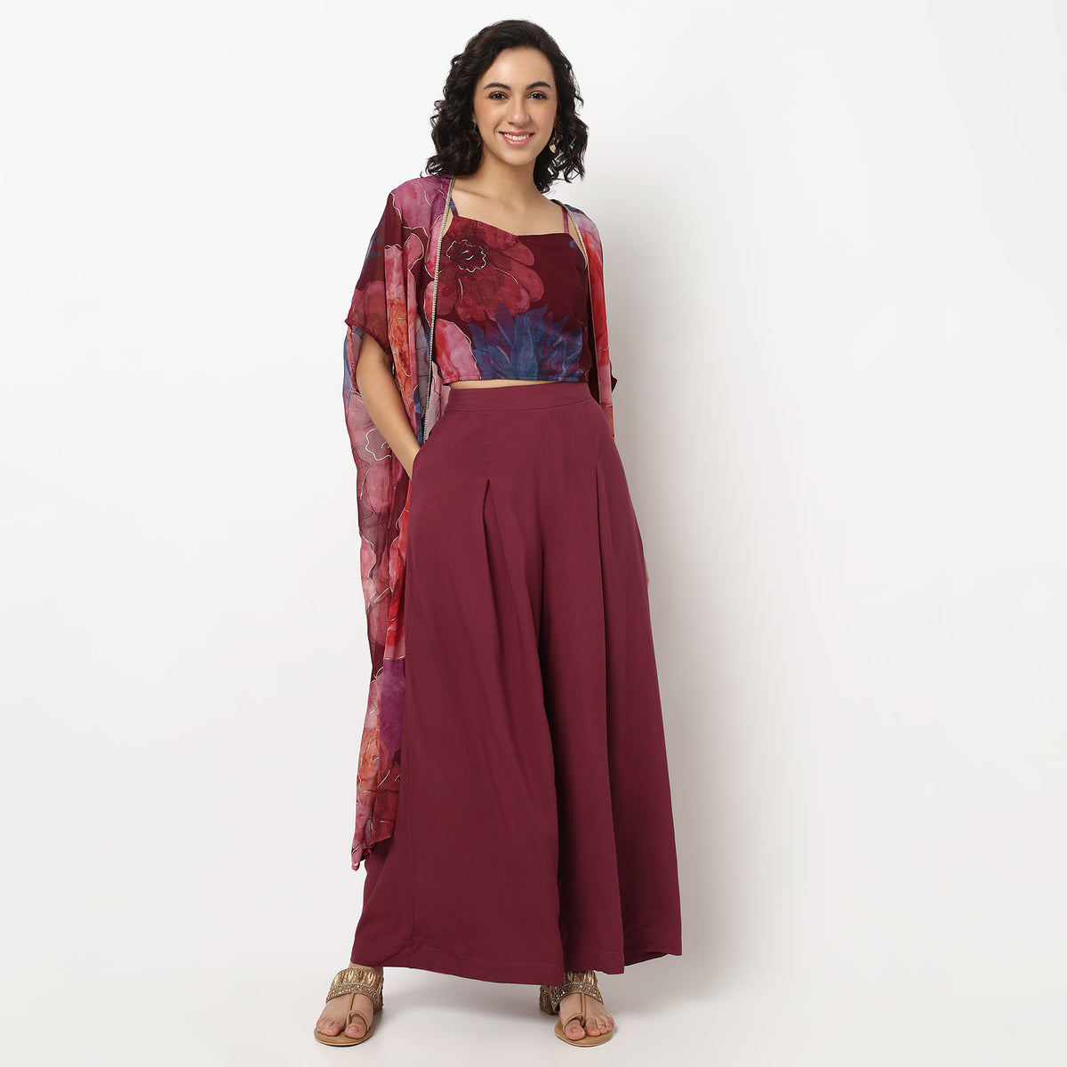 Buy Women Flare Fit Printed Sleeveless Crop Top and Skirt with Cape Set  - Style Union