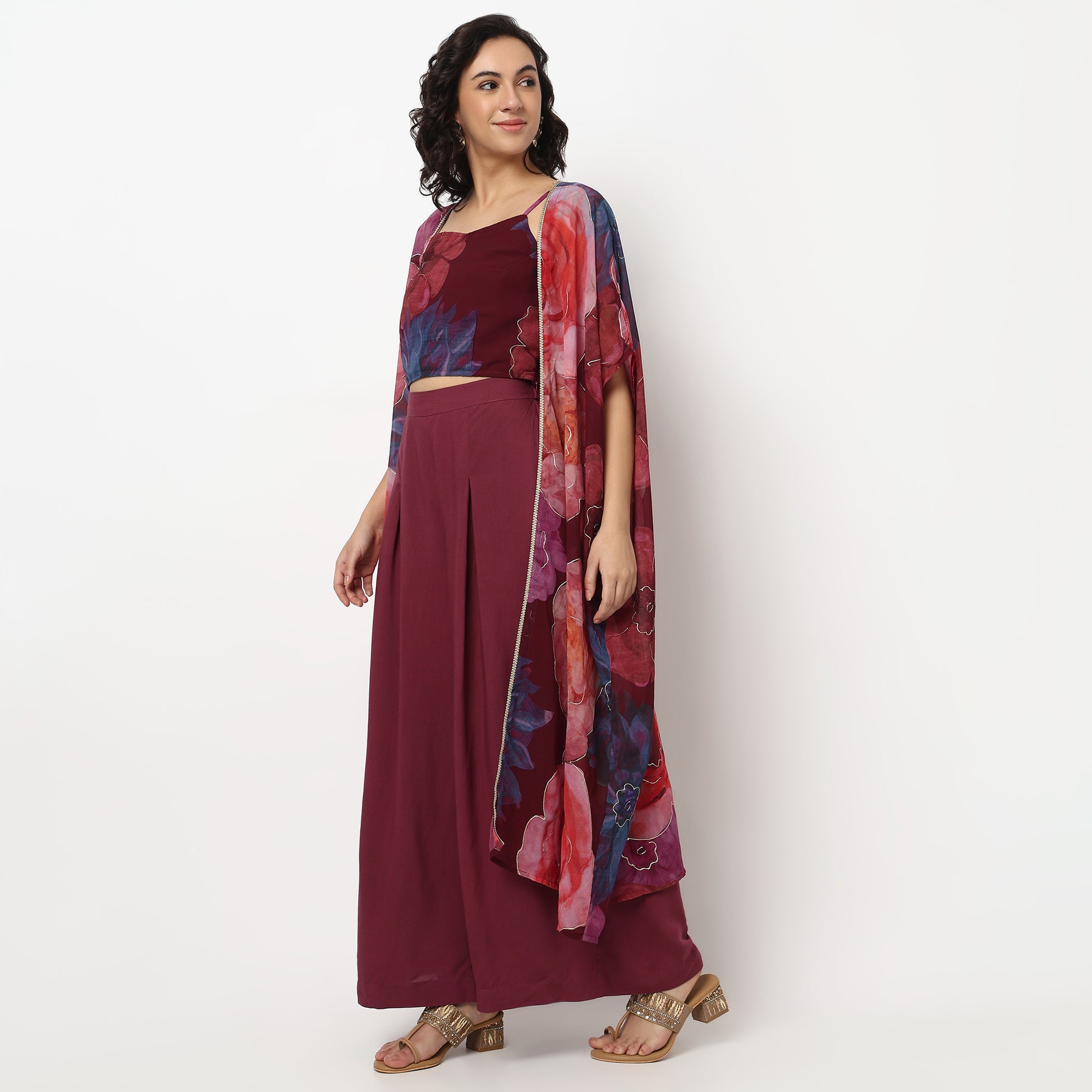 Buy Women Flare Fit Printed Sleeveless Crop Top and Skirt with Cape Set  - Style Union