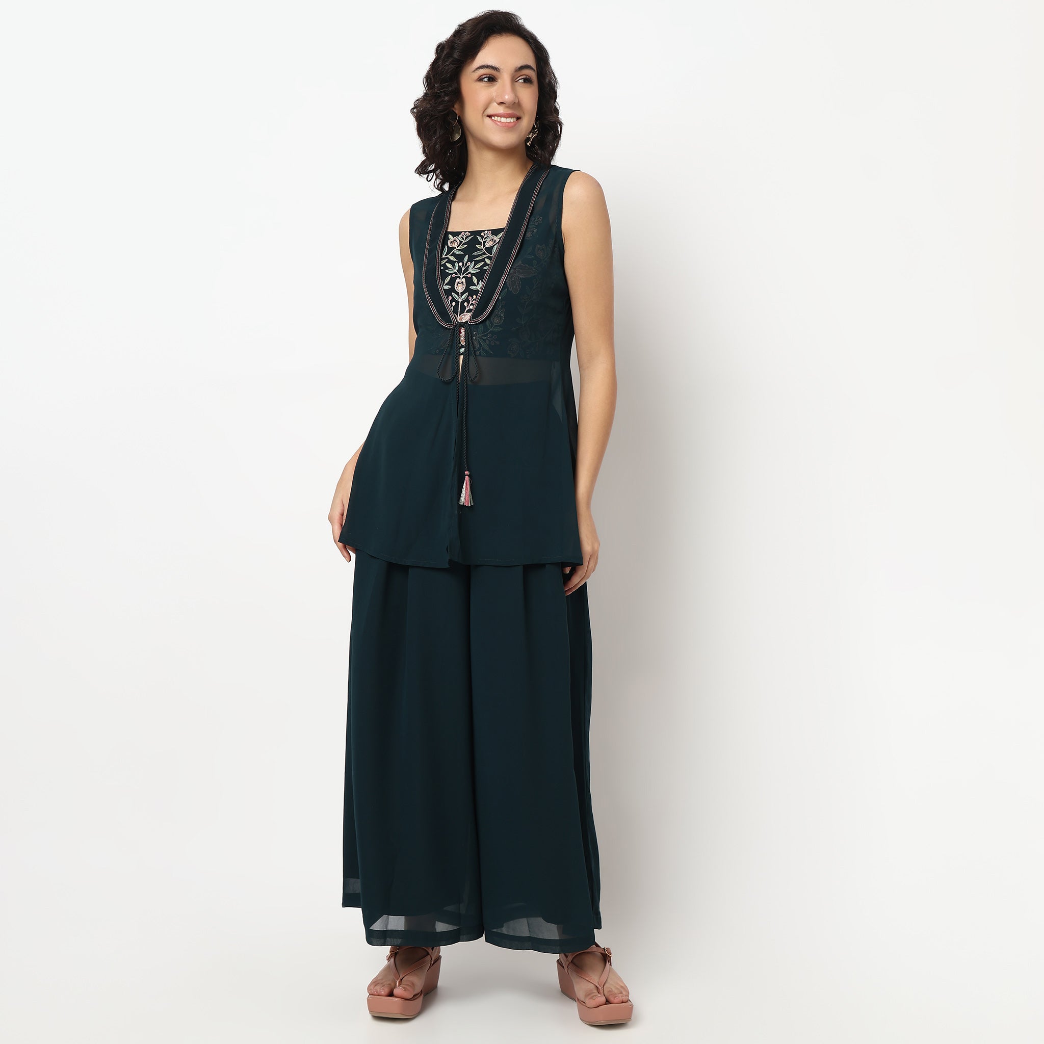 Buy Women Flare Fit Embroidered Sleeveless Crop Top with Palazzo with Shrug Set  - Style Union