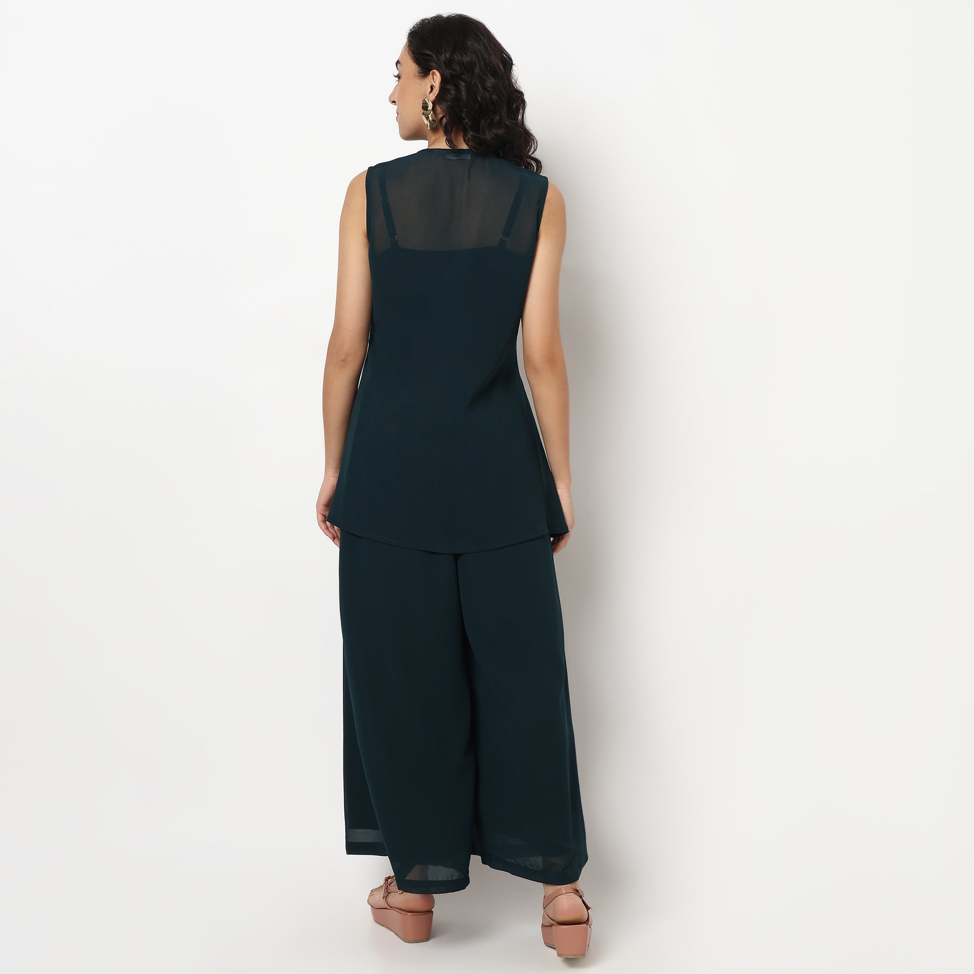 Buy Women Flare Fit Embroidered Sleeveless Crop Top with Palazzo with Shrug Set  - Style Union