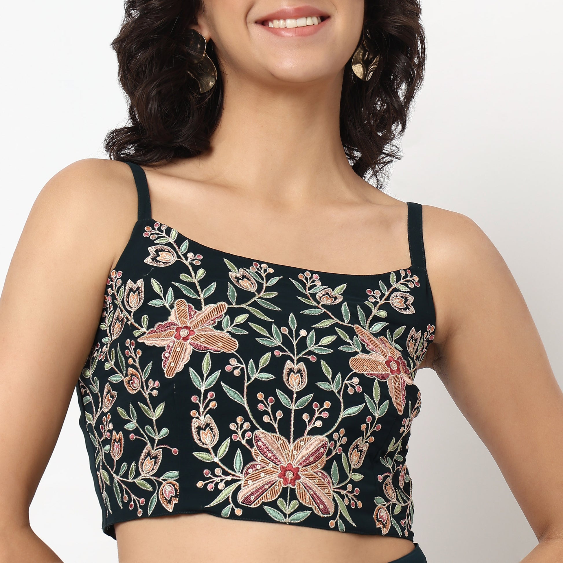 Buy Women Flare Fit Embroidered Sleeveless Crop Top with Palazzo with Shrug Set  - Style Union