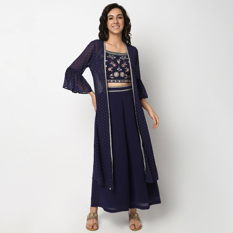 Buy Women Flare Fit Embroidered Three-Fourth Sleeve Crop Top with Palazzo with Shrug Set  - Style Union