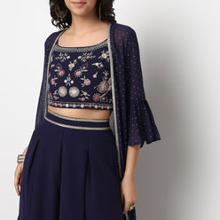 Buy Women Flare Fit Embroidered Three-Fourth Sleeve Crop Top with Palazzo with Shrug Set  - Style Union