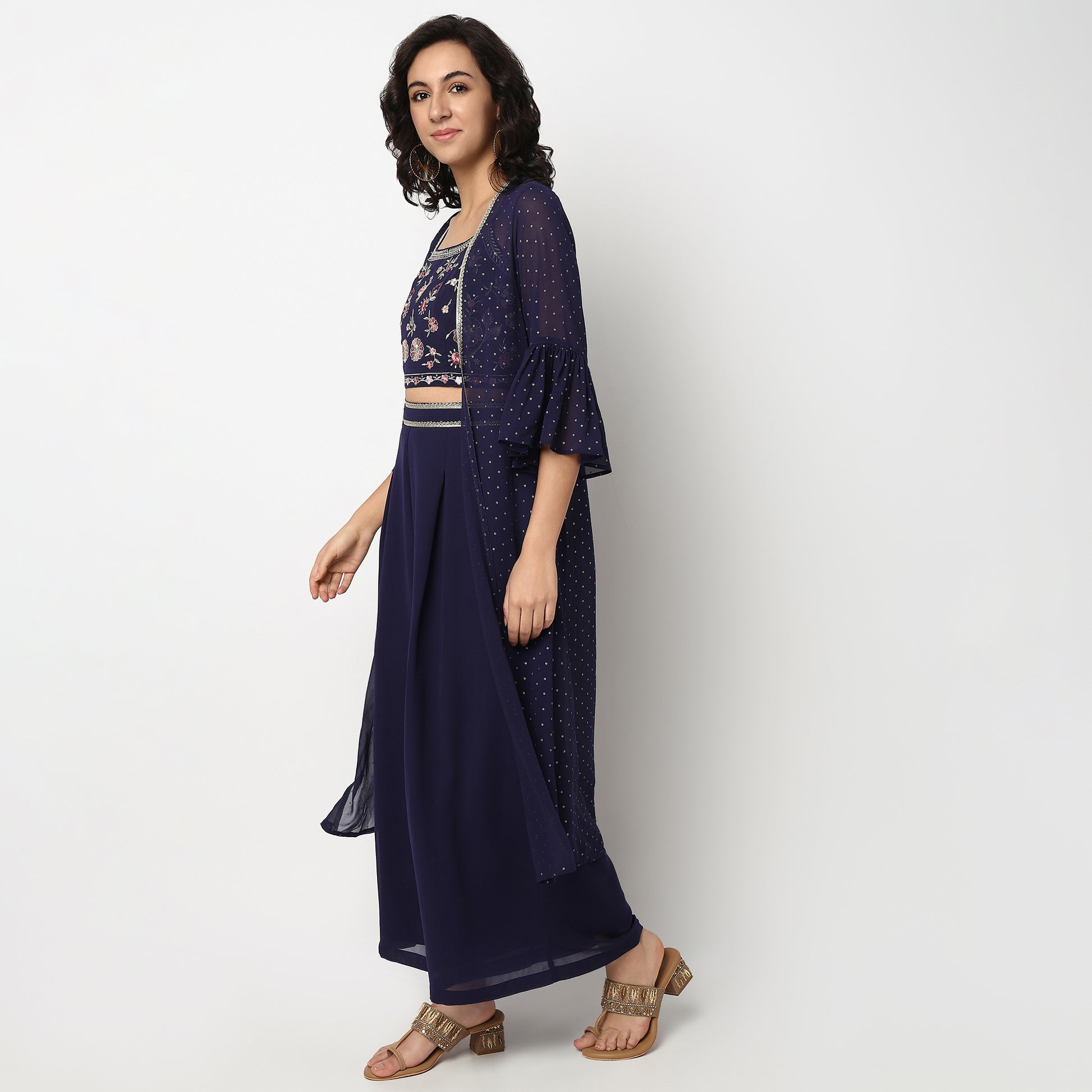 Buy Women Flare Fit Embroidered Three-Fourth Sleeve Crop Top with Palazzo with Shrug Set  - Style Union