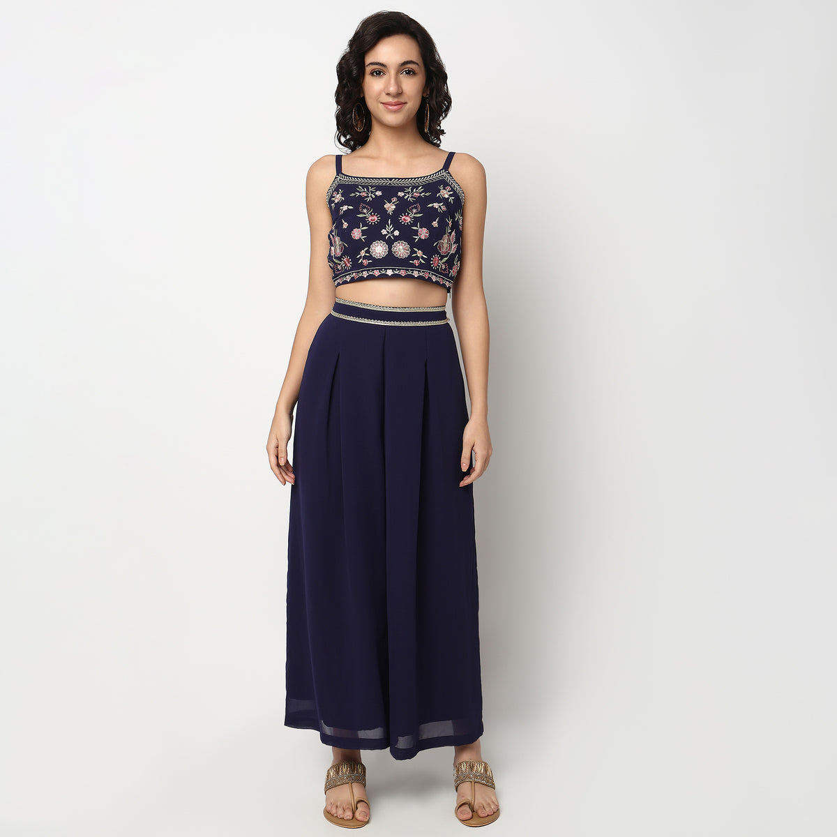 Buy Women Flare Fit Embroidered Three-Fourth Sleeve Crop Top with Palazzo with Shrug Set  - Style Union
