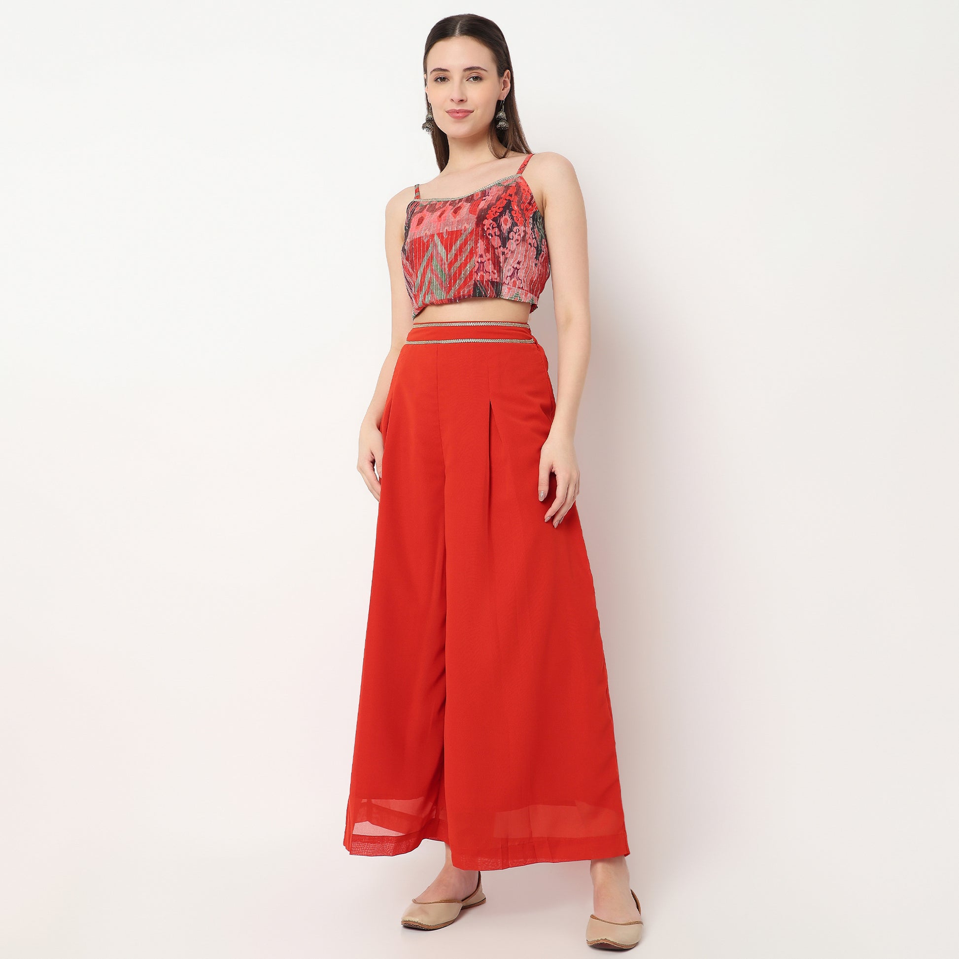 Printed Crop Top with Palazzo with Shrug Set