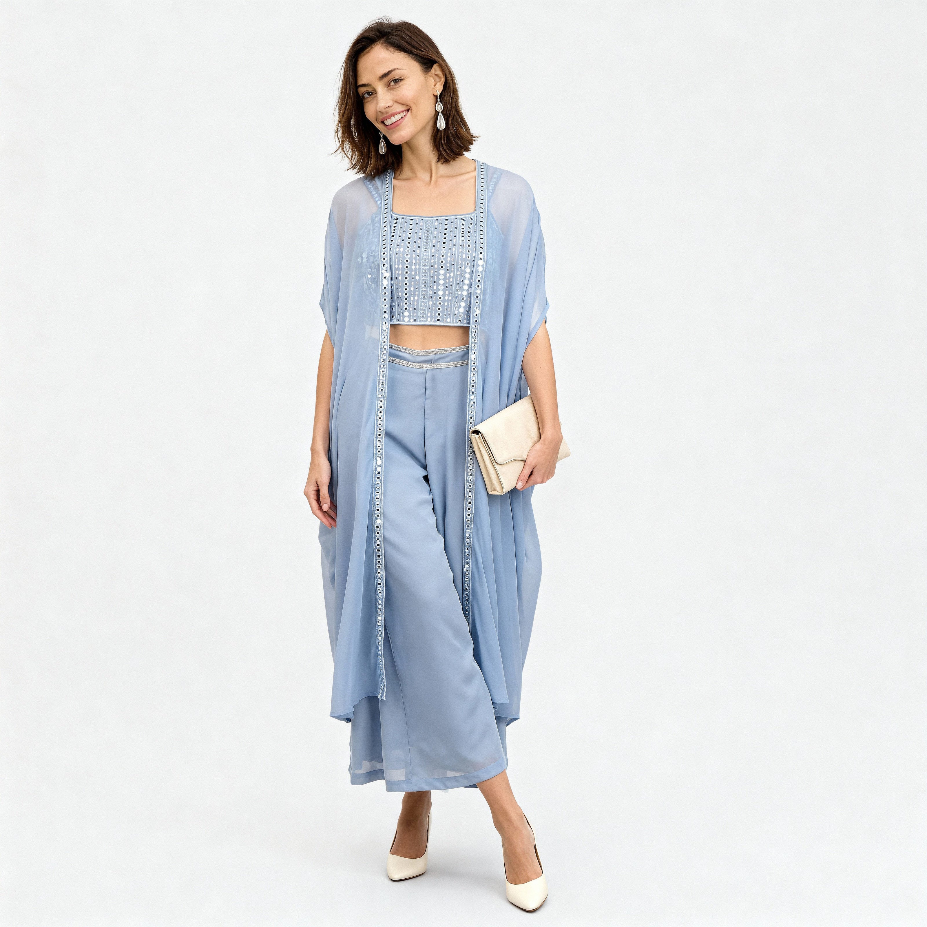 Flare High Rise Embellished Top with Palazzo with Shrug Set