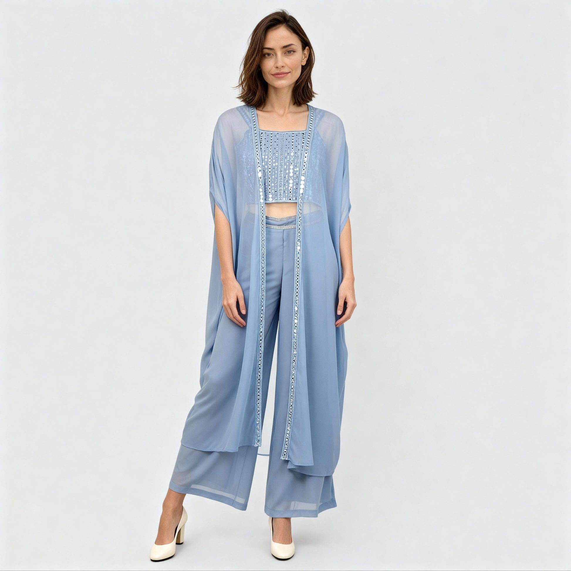 Flare High Rise Embellished Top with Palazzo with Shrug Set