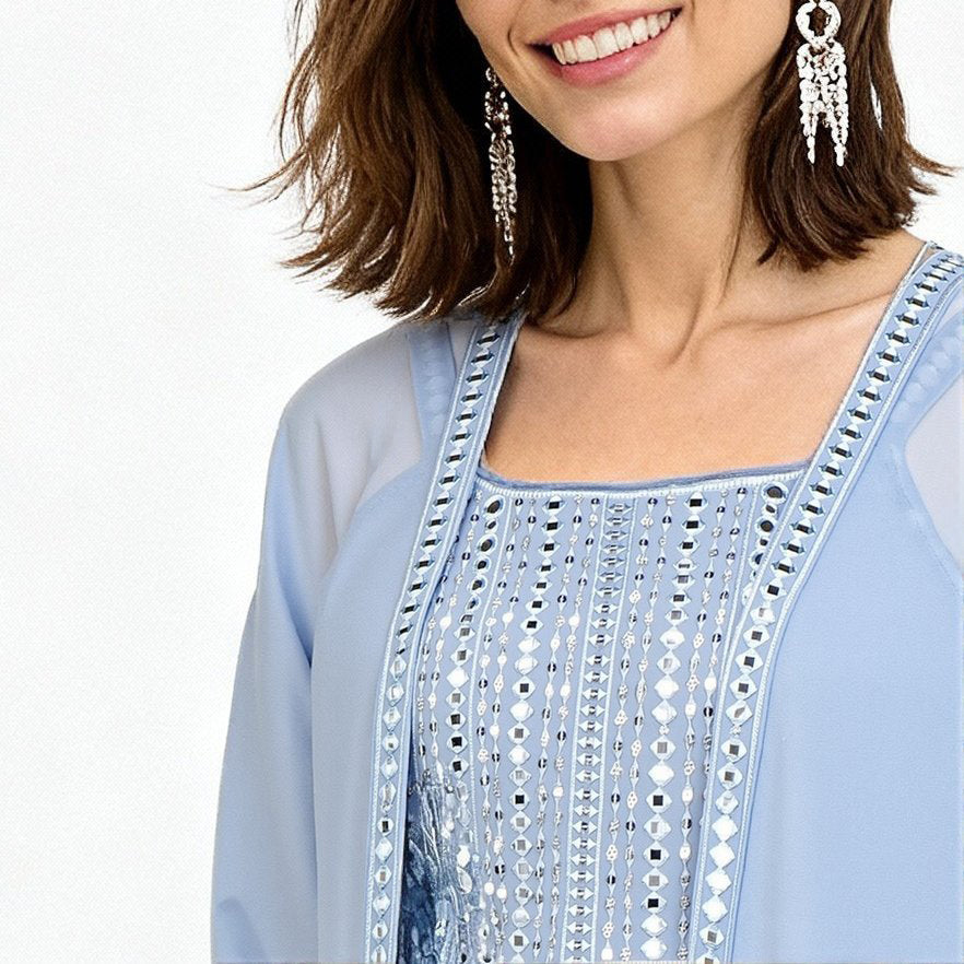 Flare High Rise Embellished Top with Palazzo with Shrug Set