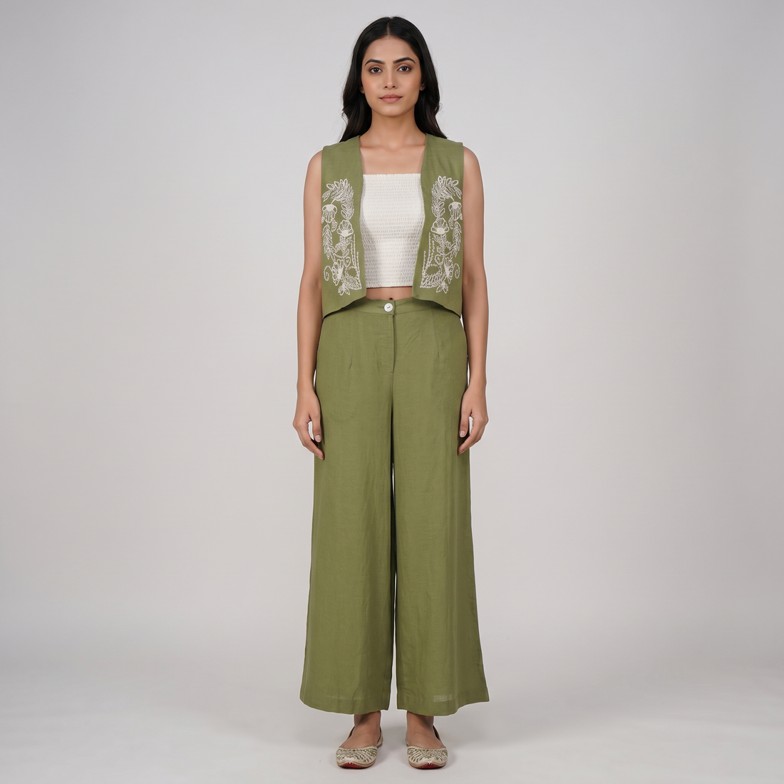 Smocked Crop Top With Shrug and Pant Set