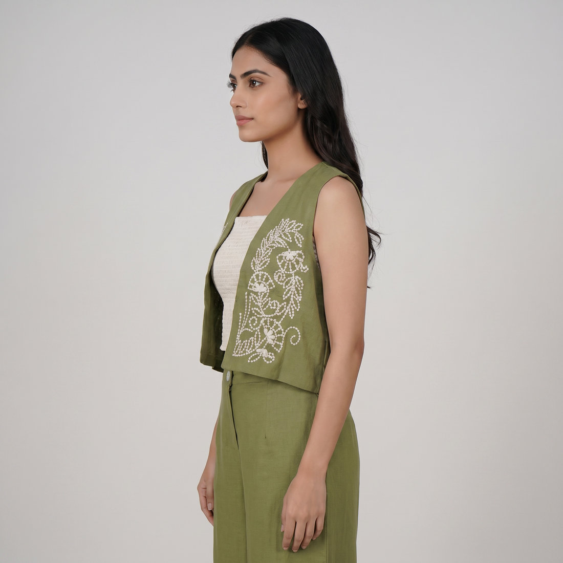 Smocked Crop Top With Shrug and Pant Set