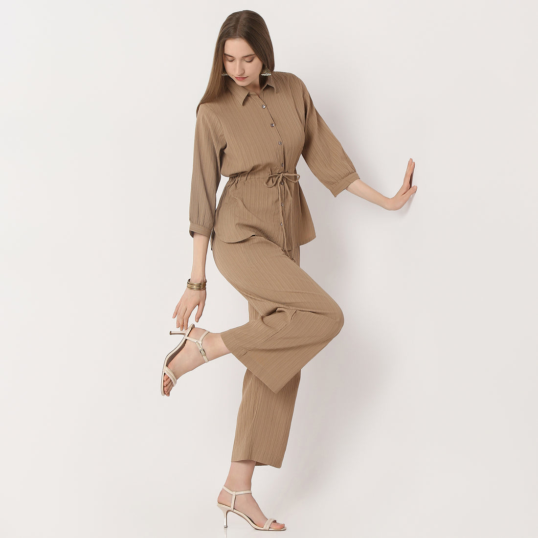 Shirt With Waist Tie Up Through Tunnel