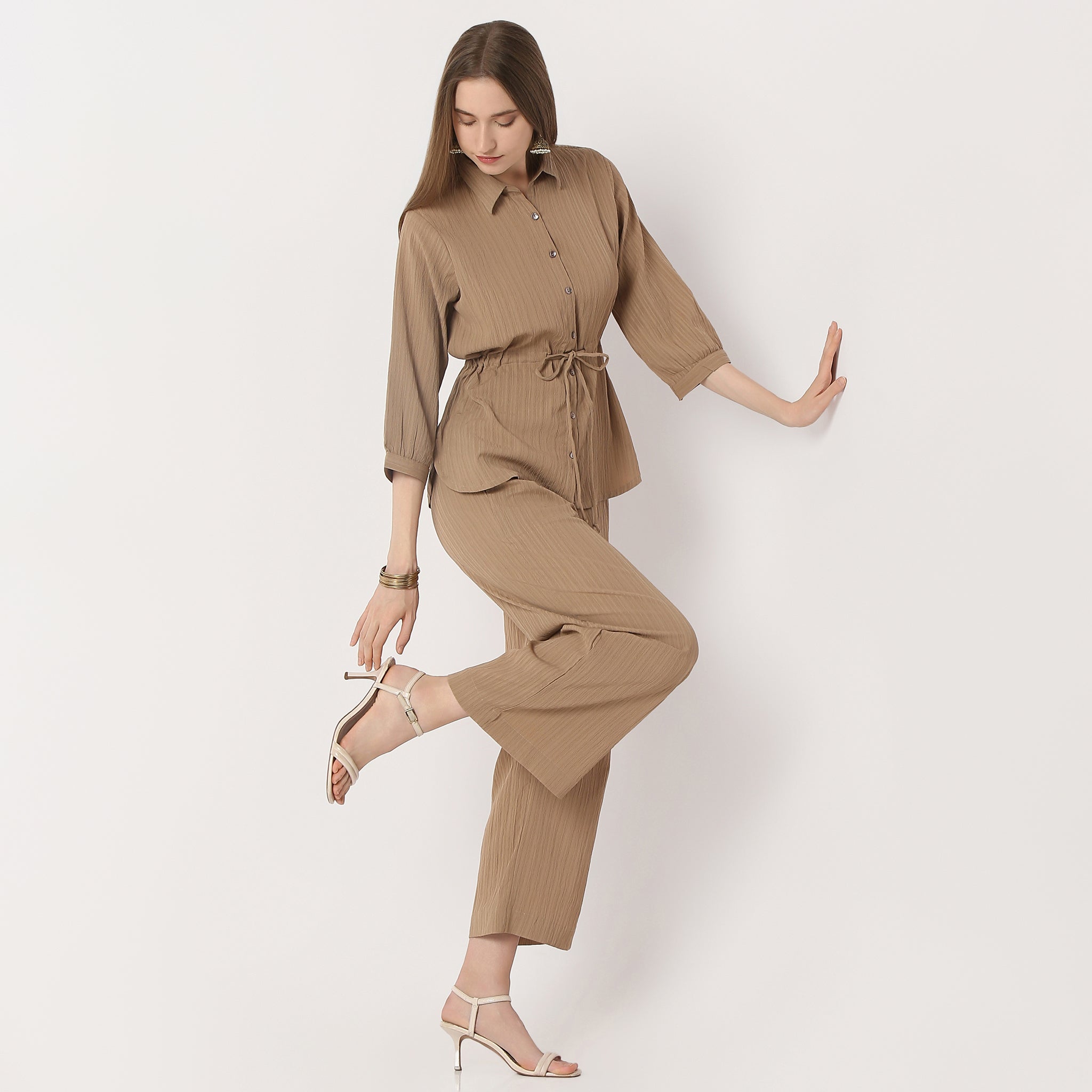 Shirt With Waist Tie Up Through Tunnel