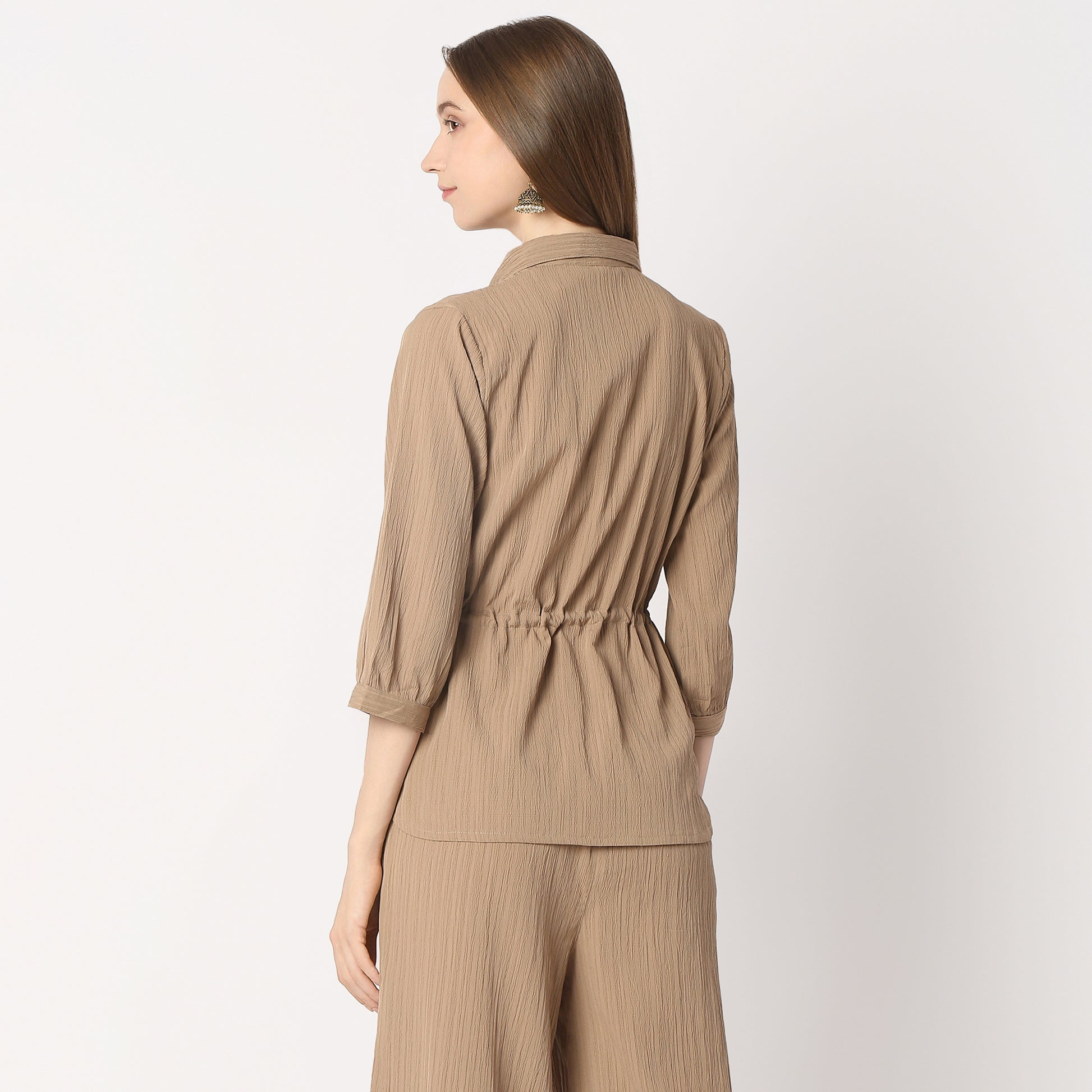 Shirt With Waist Tie Up Through Tunnel