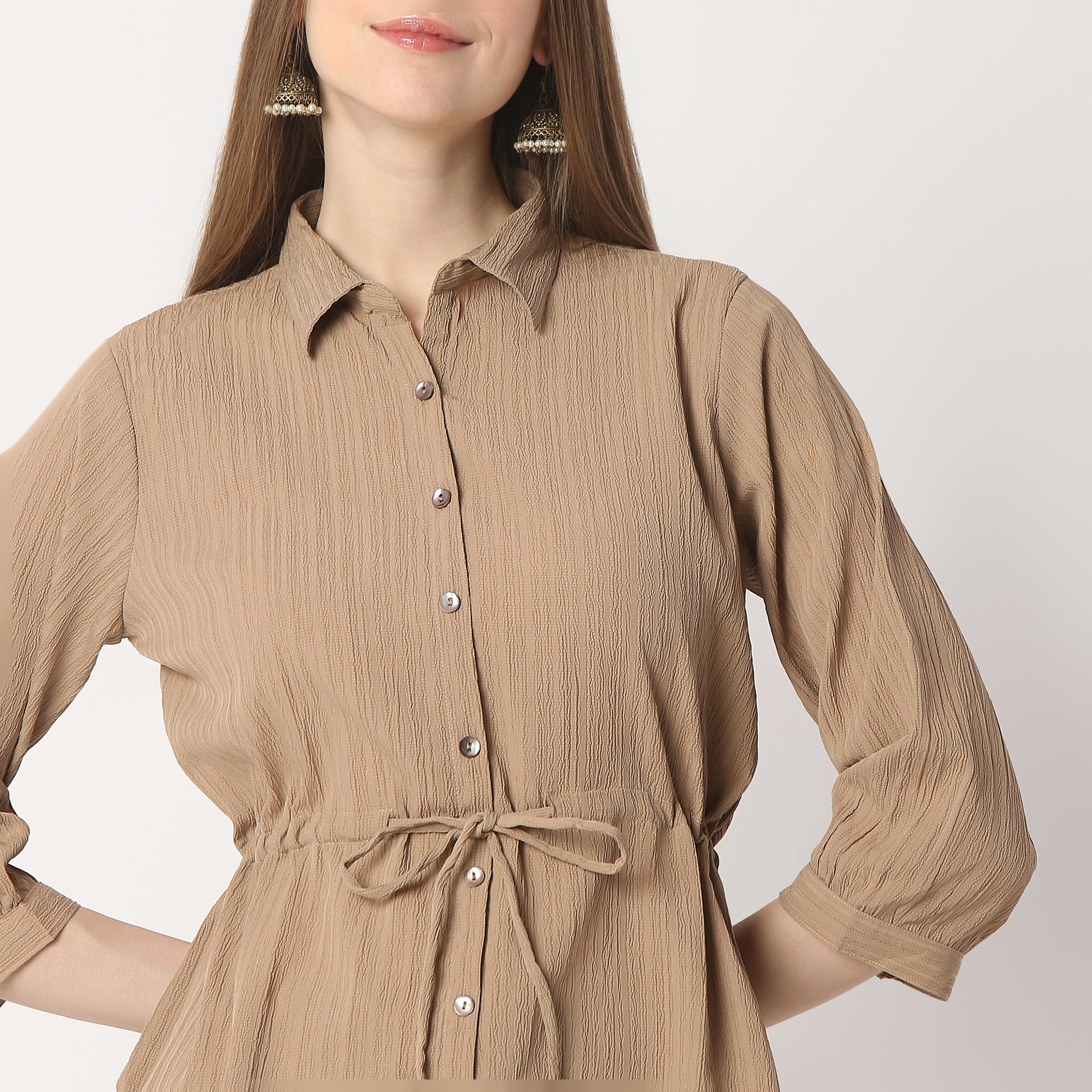 Shirt With Waist Tie Up Through Tunnel