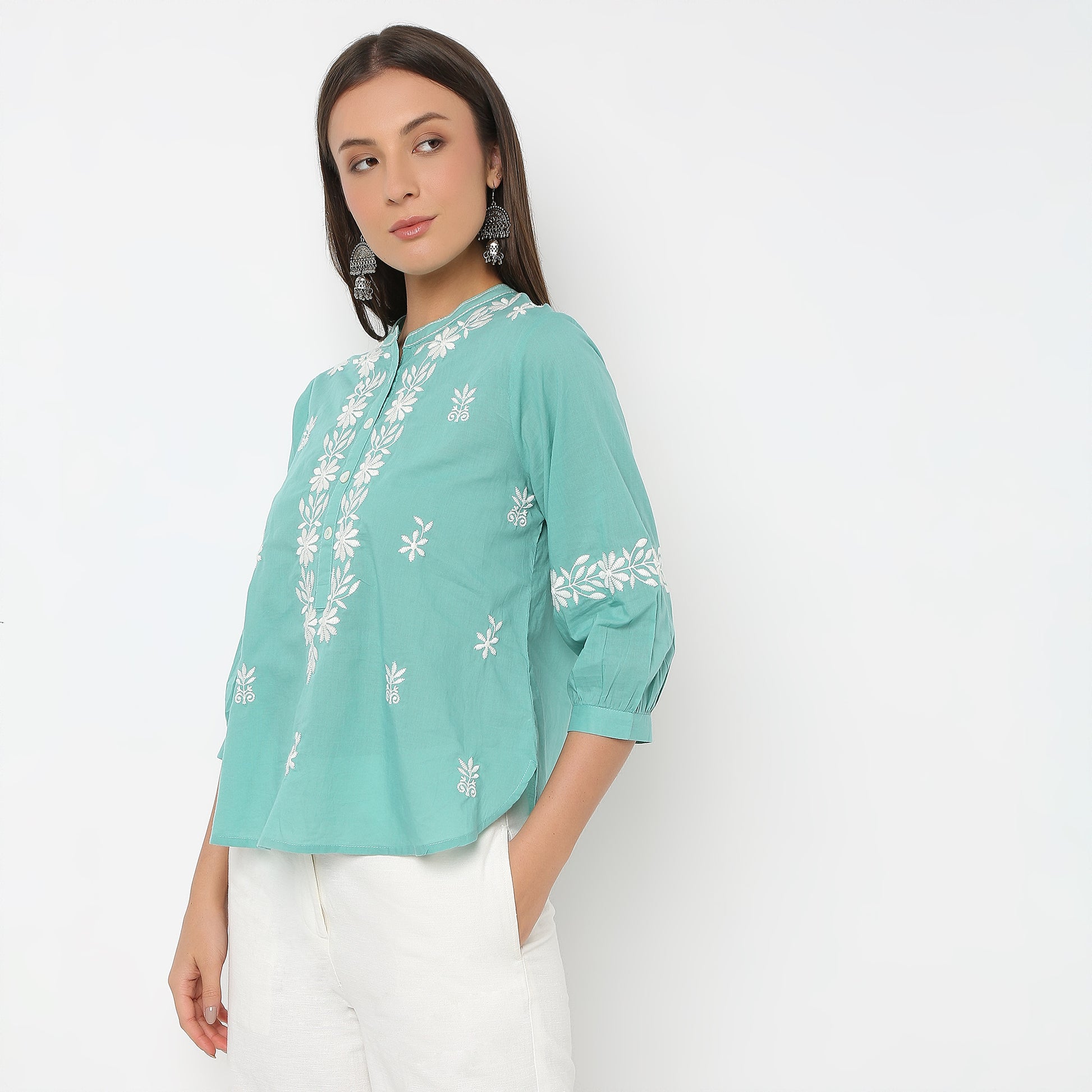 Embroidered Band Neck Full Sleeve Top