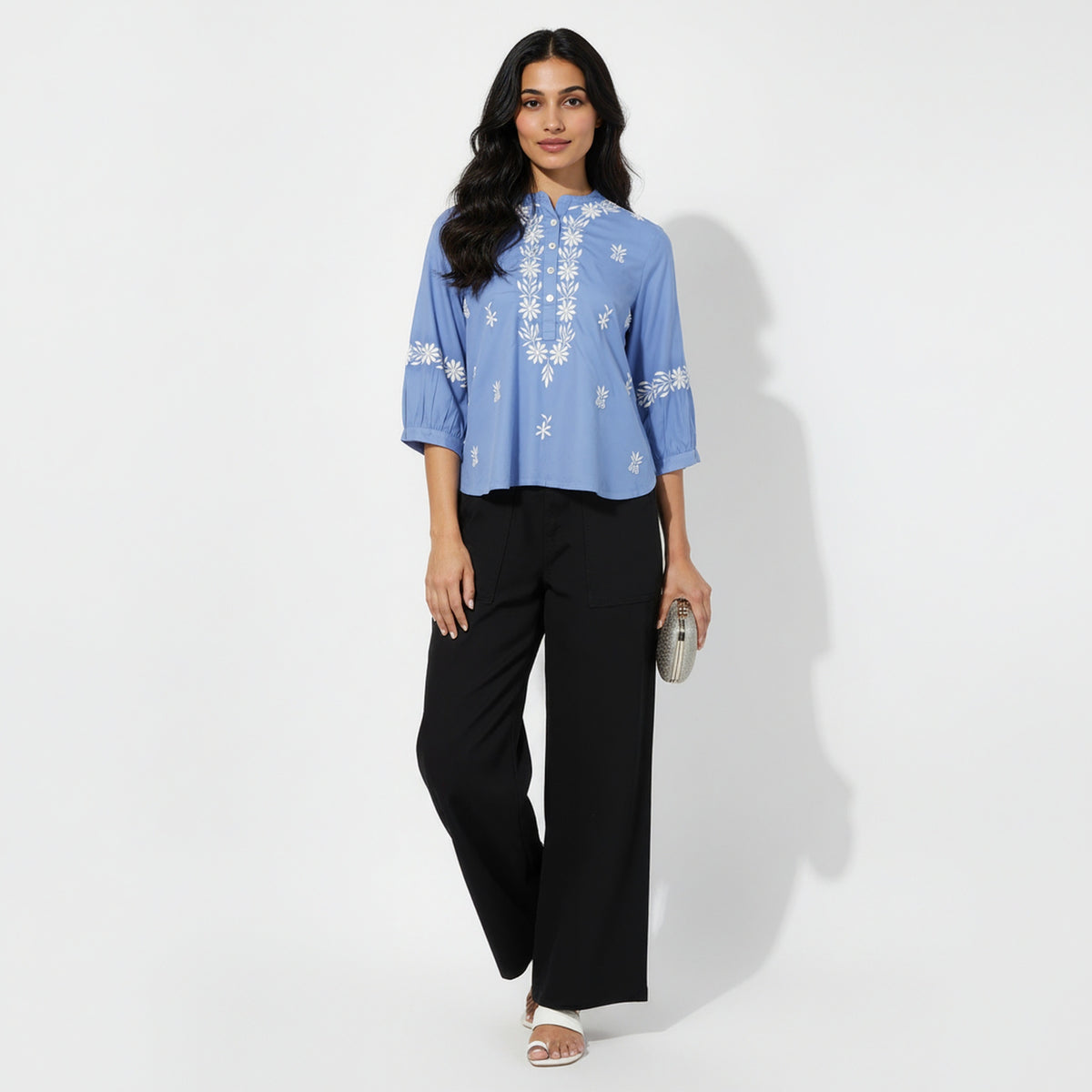 Embroidered Band Neck Full Sleeve Top