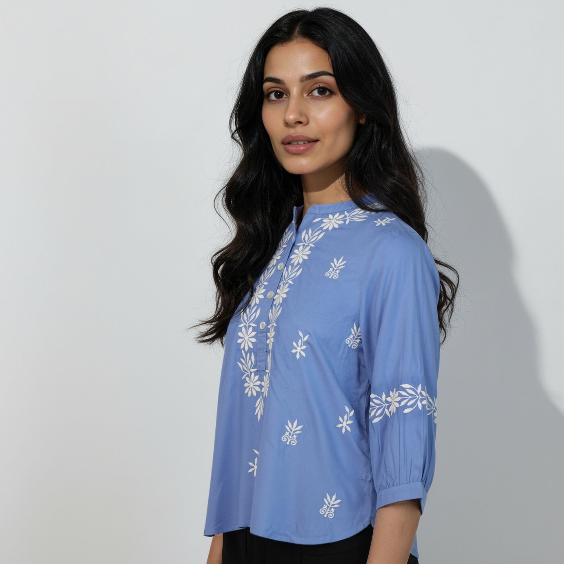 Embroidered Band Neck Full Sleeve Top