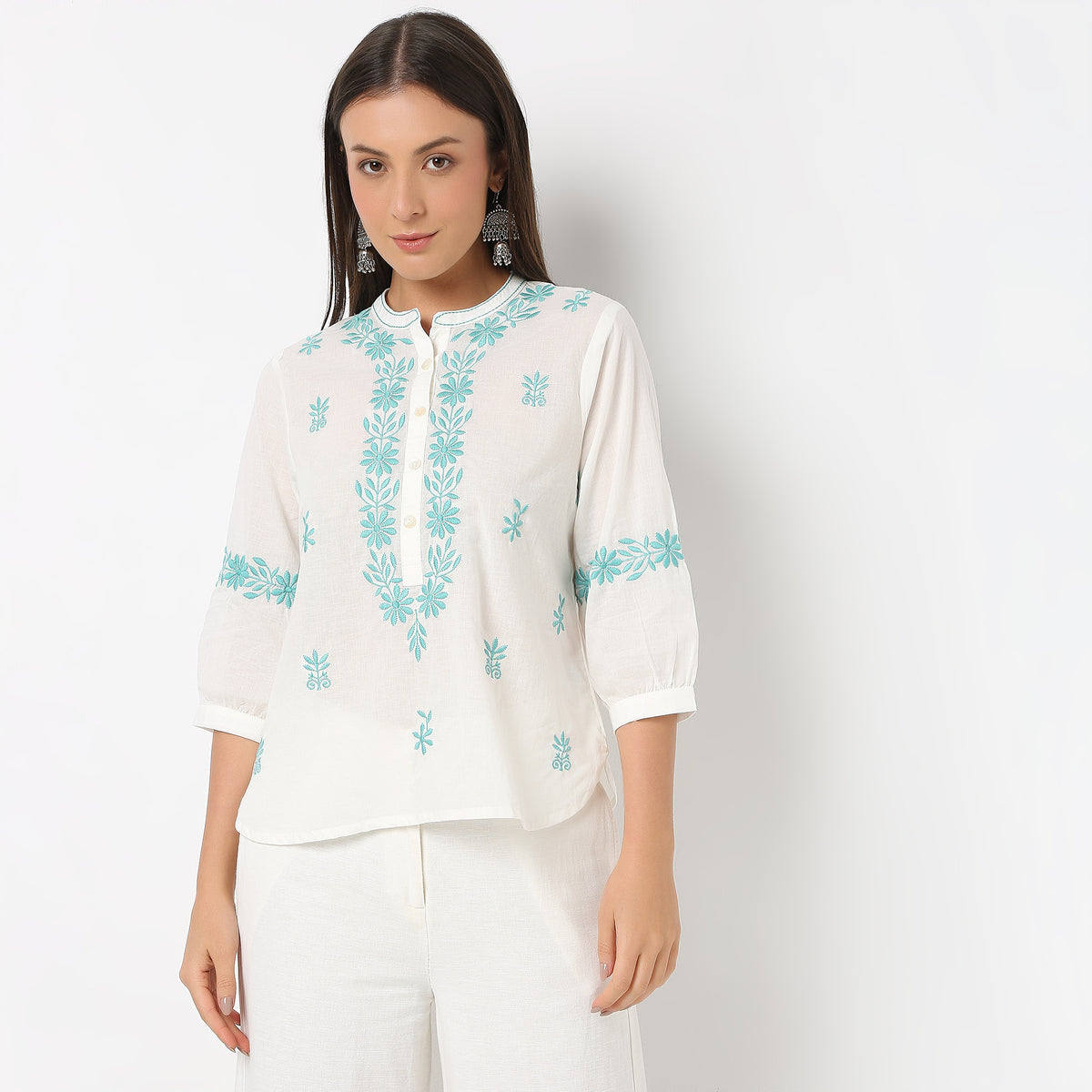 Embroidered Band Neck Full Sleeve Top