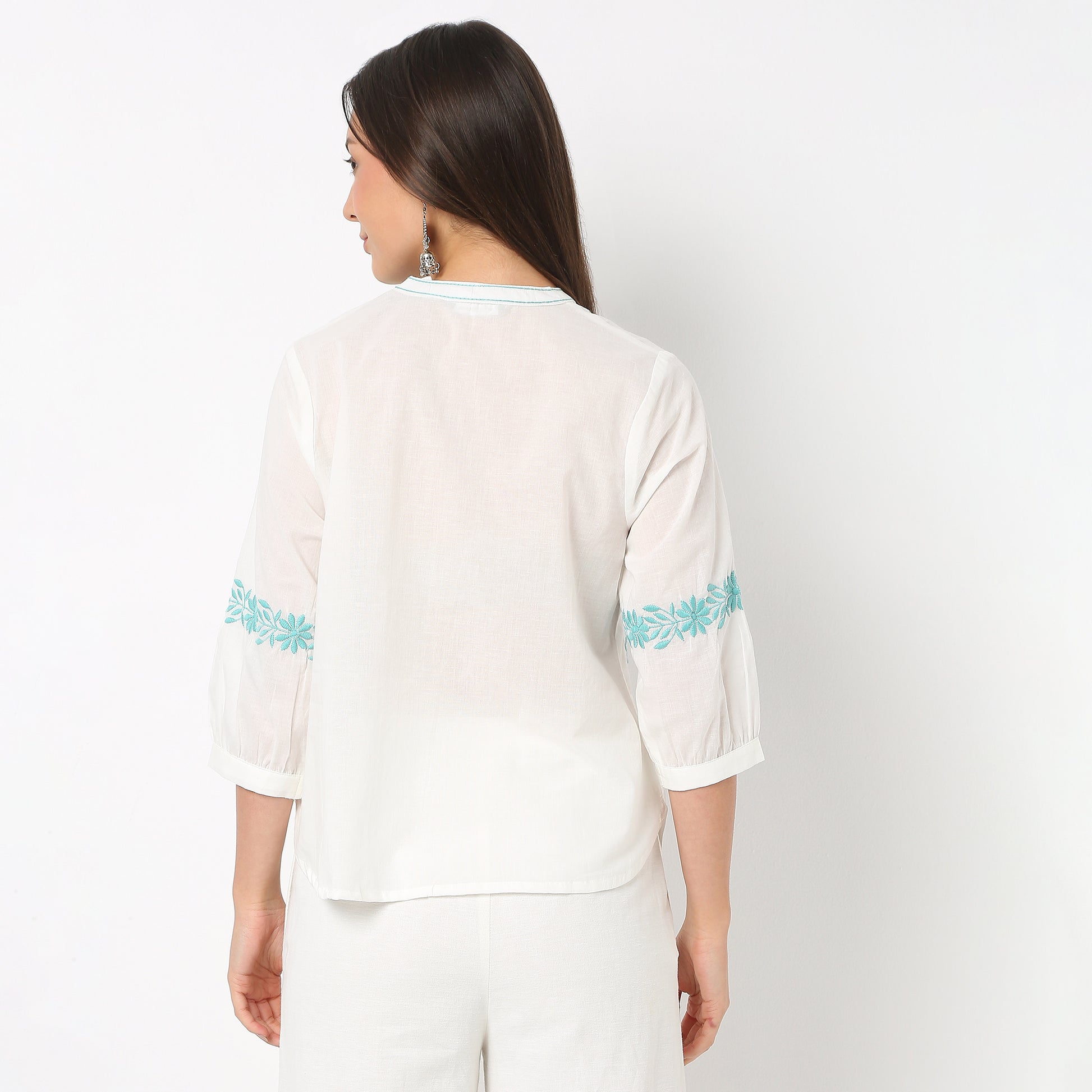 Embroidered Band Neck Full Sleeve Top