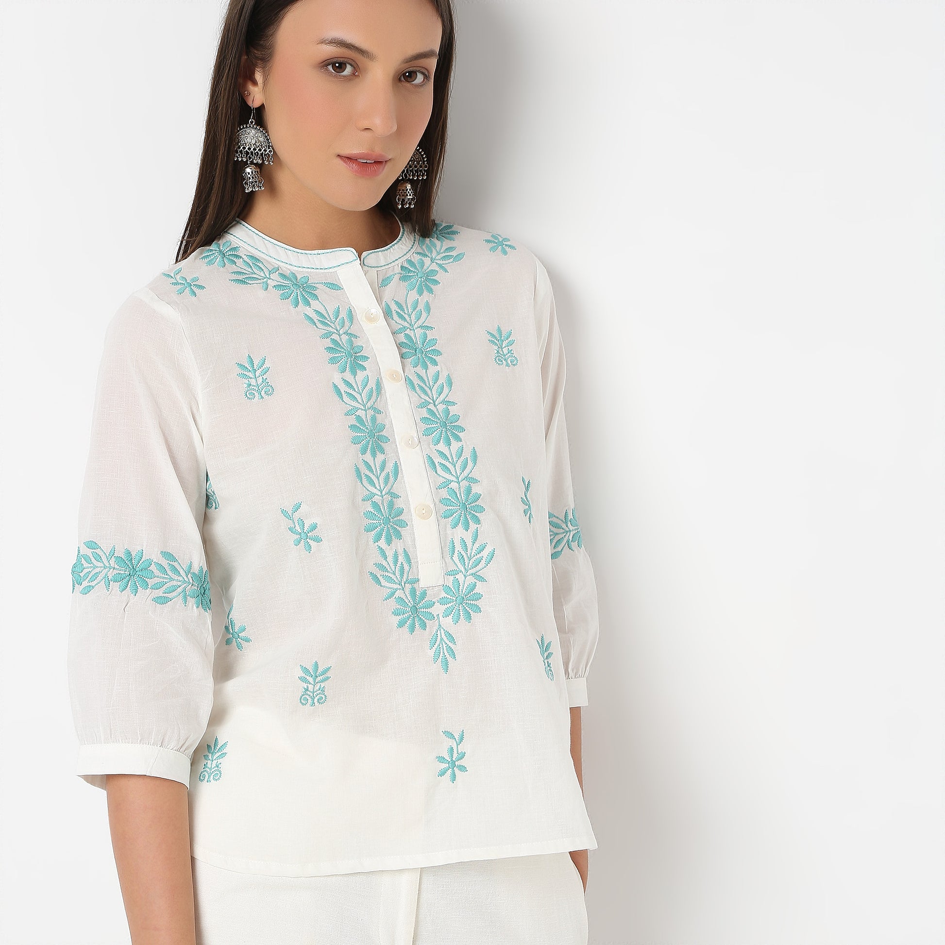 Embroidered Band Neck Full Sleeve Top