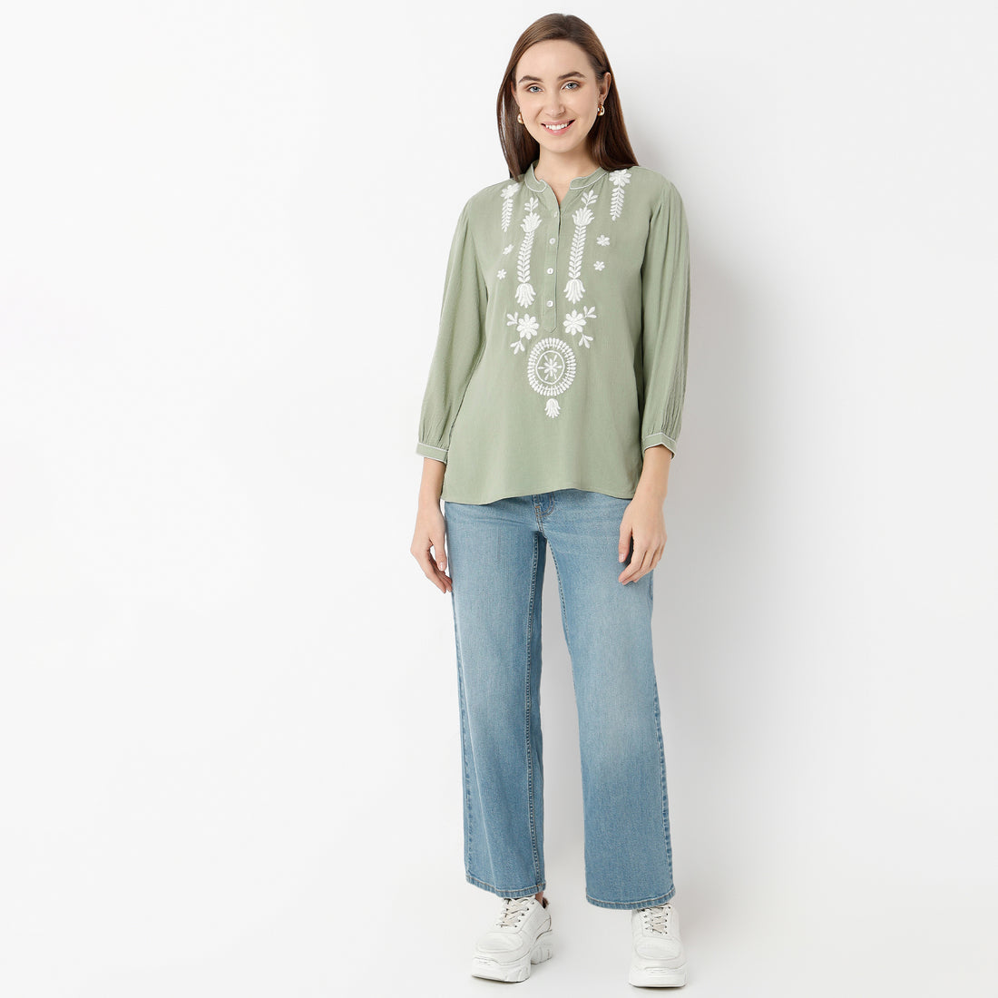 Straight Fit Embroidered Band Neck Tunic
