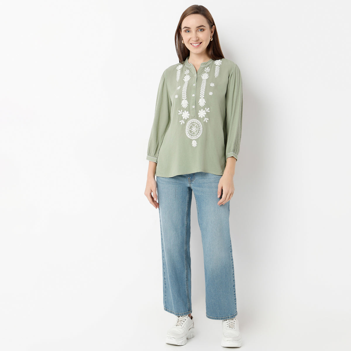 Straight Fit Embroidered Band Neck Tunic