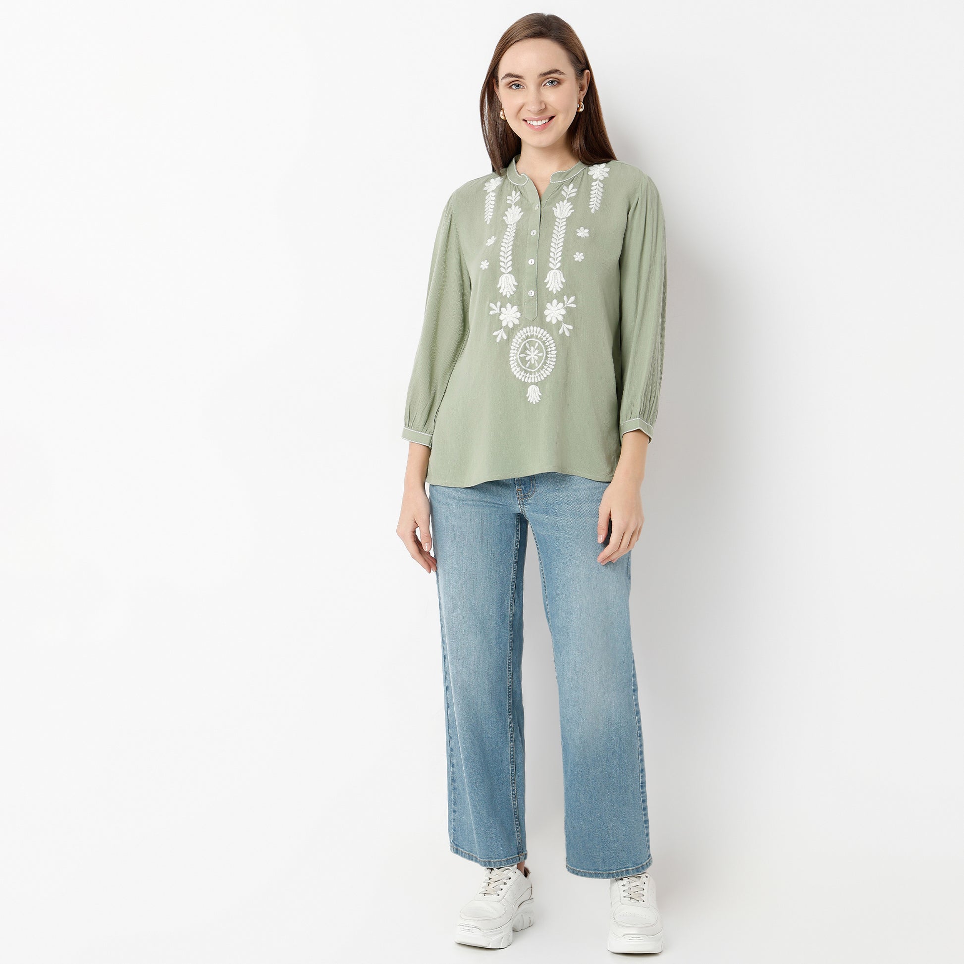 Straight Fit Embroidered Band Neck Tunic