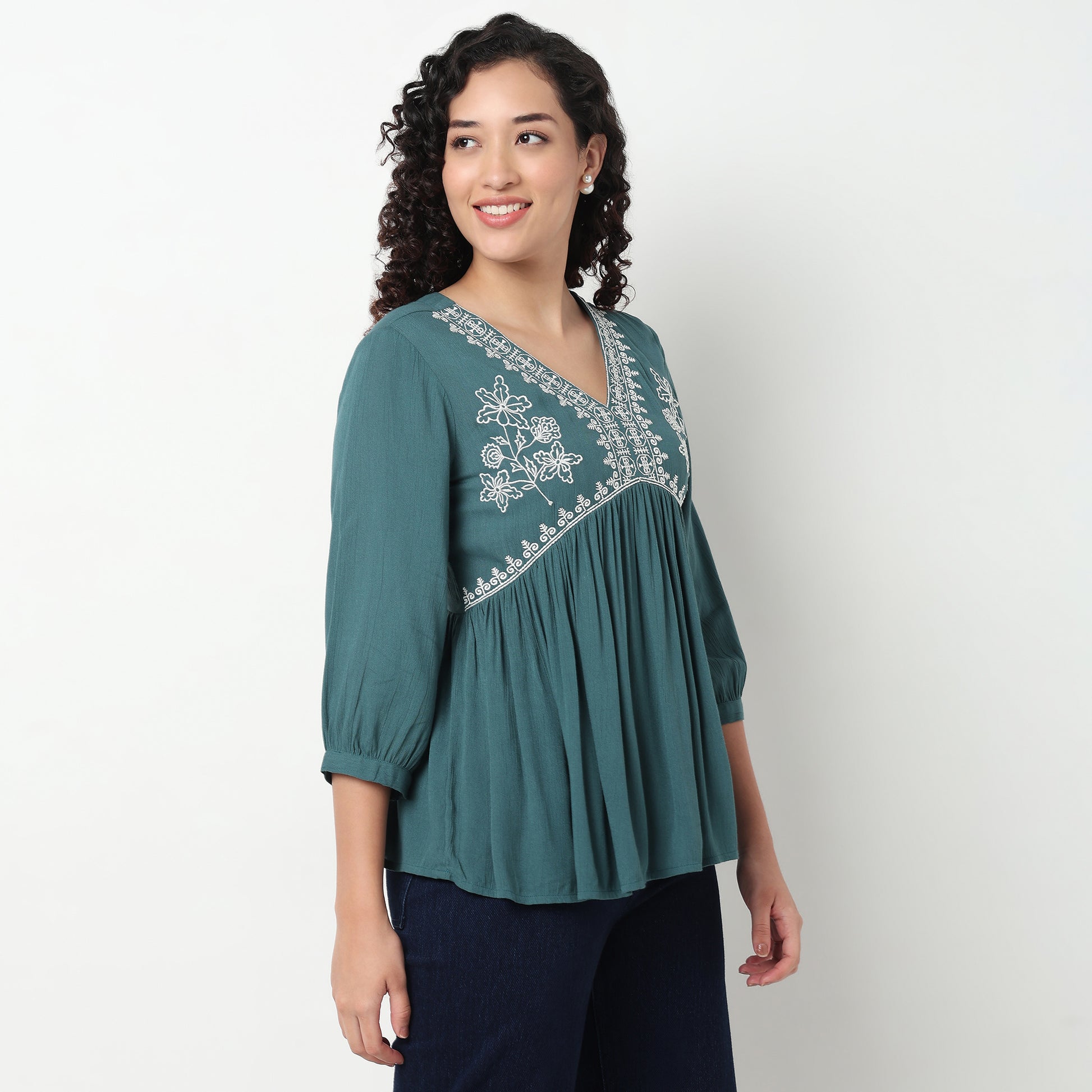 Alia Cut Top With Gathered Sleeve