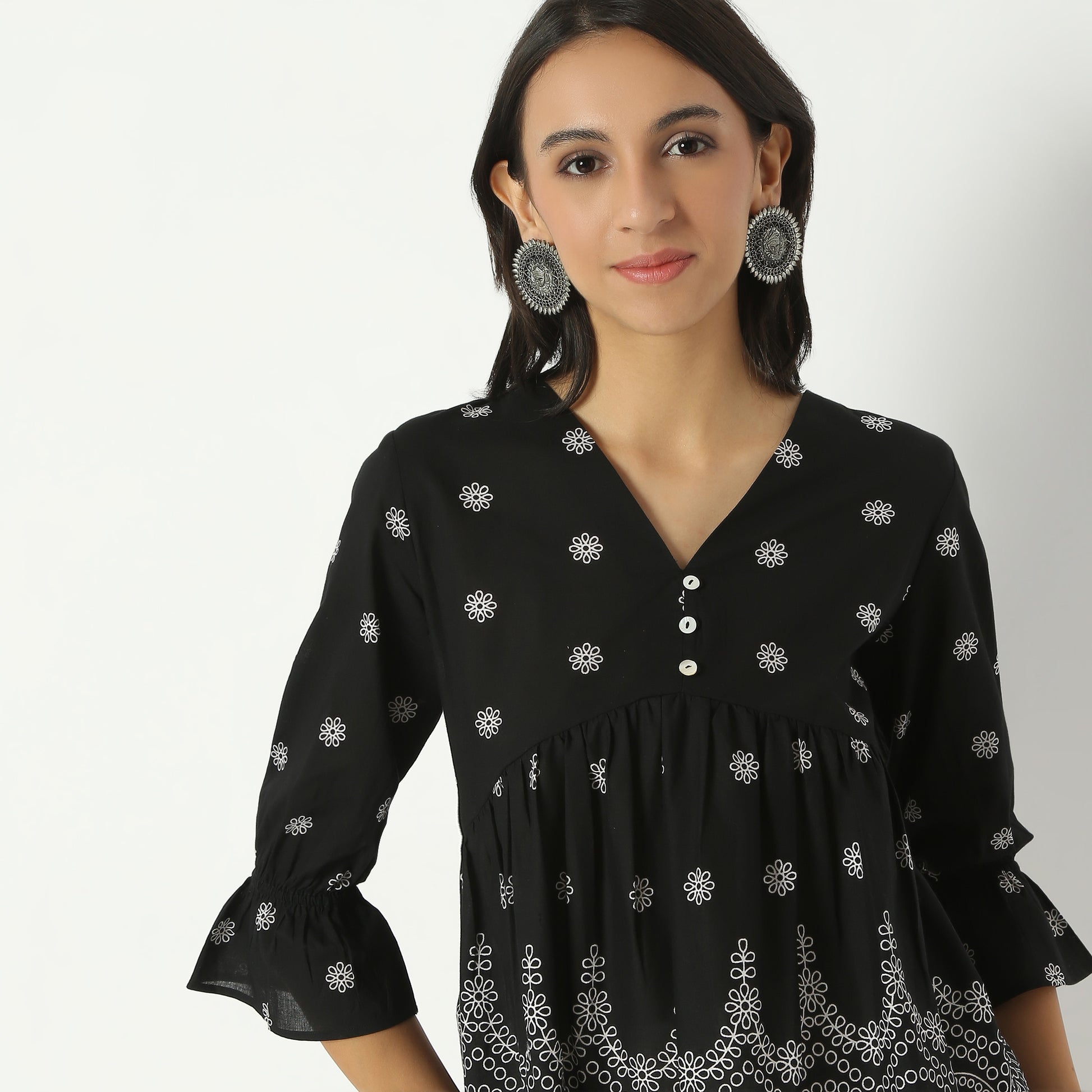 Flare Fit Printed V-Neck Short Length Top