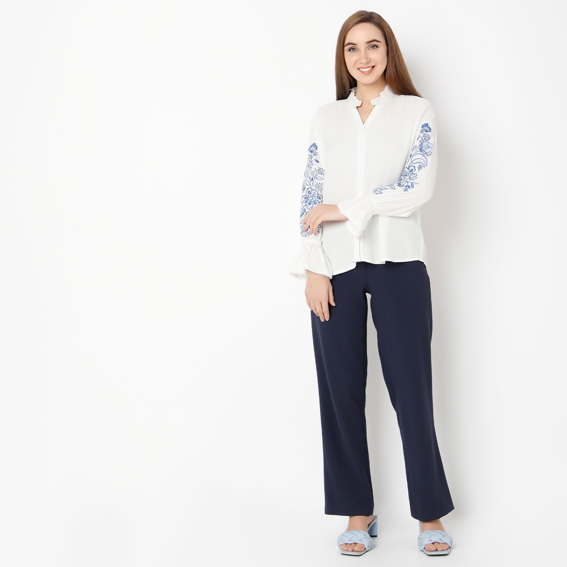 Relaxed Fit Embroidered Band Neck Top