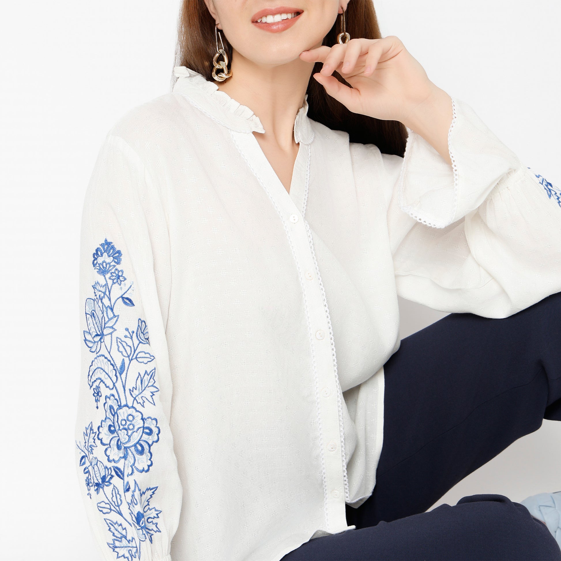 Relaxed Fit Embroidered Band Neck Top