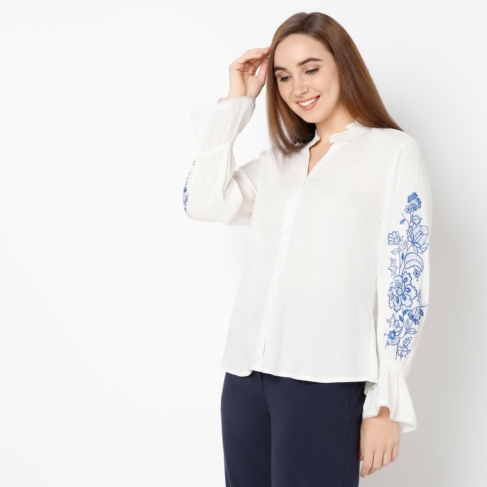 Relaxed Fit Embroidered Band Neck Top