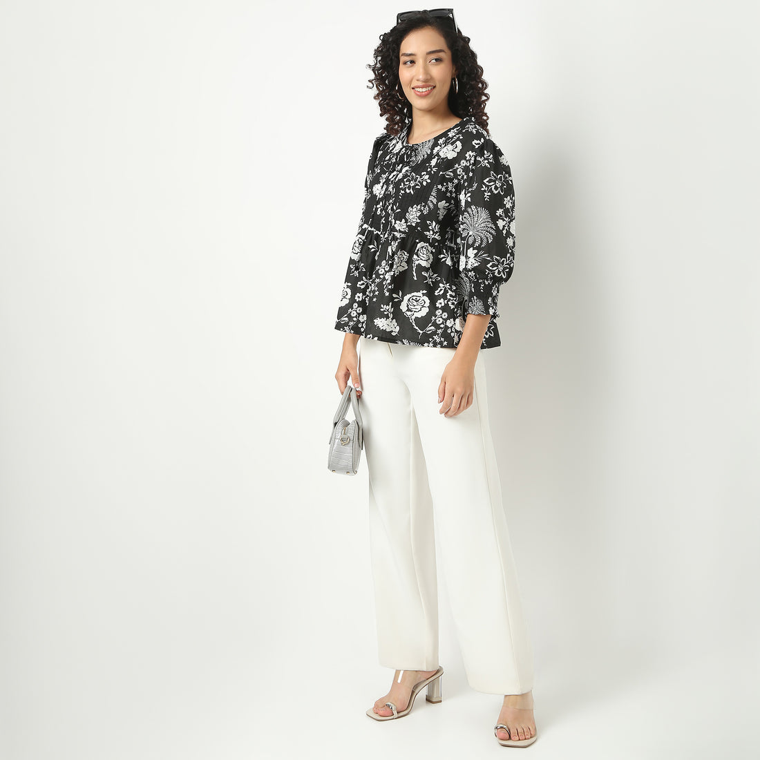 Flare Fit Floral Print Tie-Up Neck Top