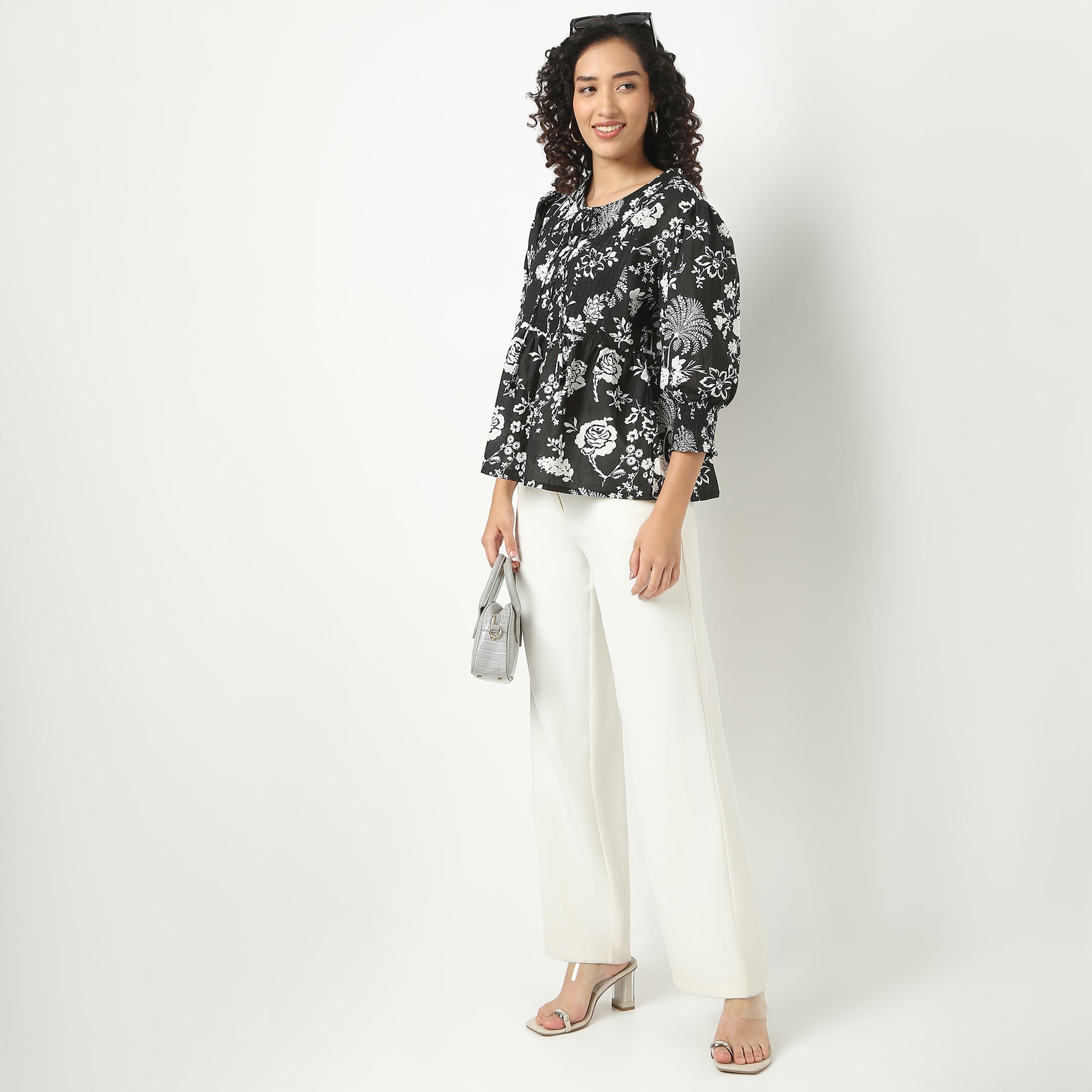 Flare Fit Floral Print Tie-Up Neck Top