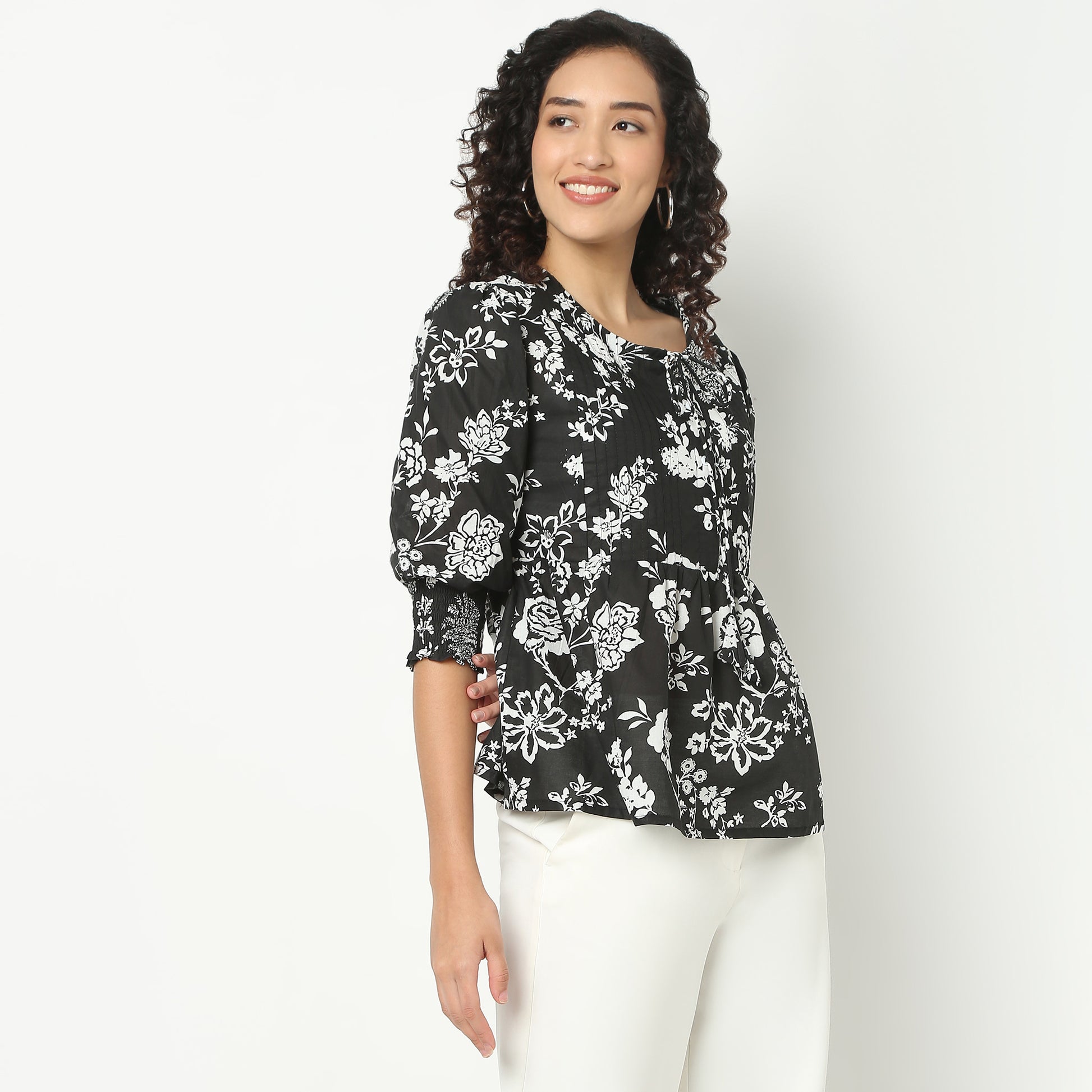 Flare Fit Floral Print Tie-Up Neck Top