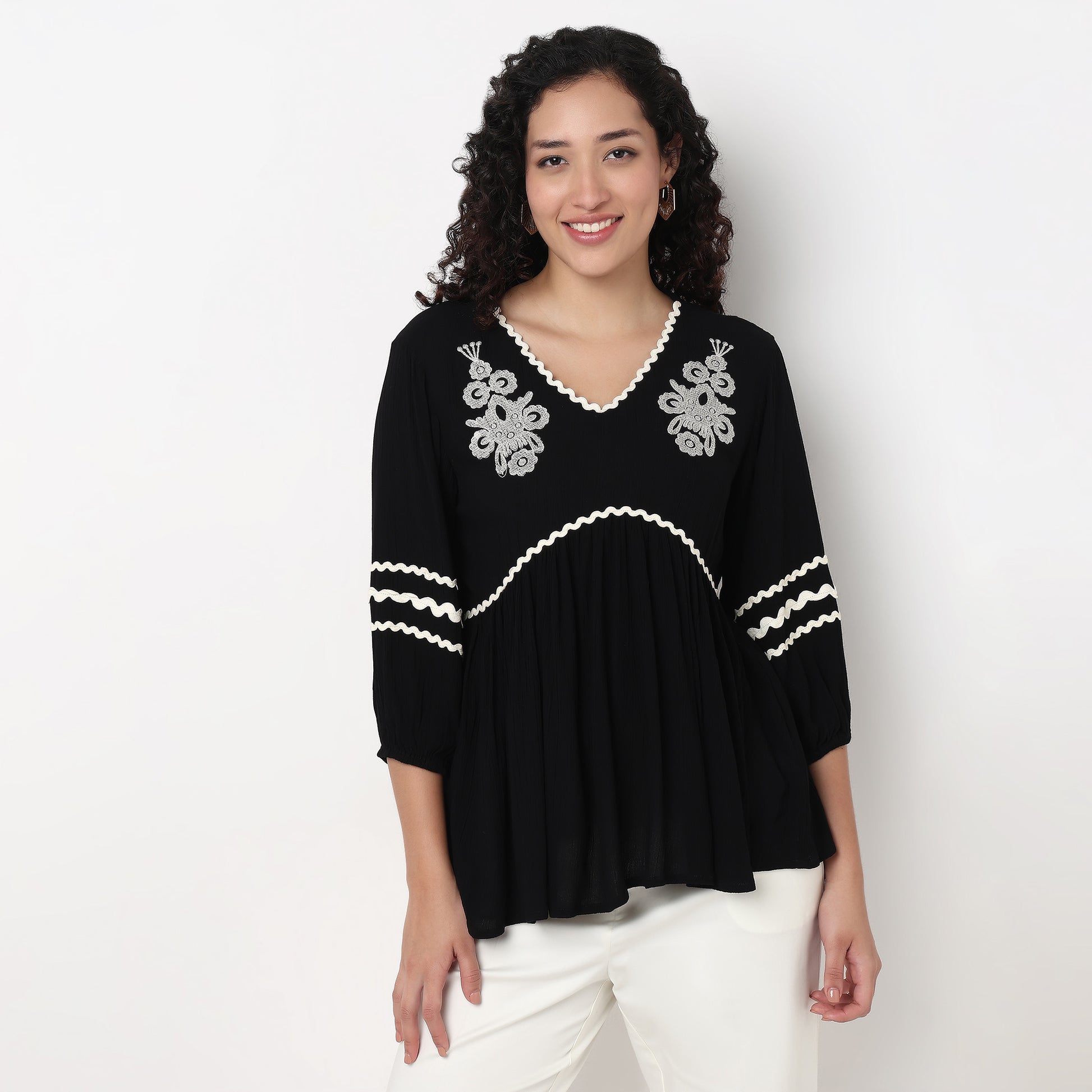 V-Neck W Cut Embroidered Top