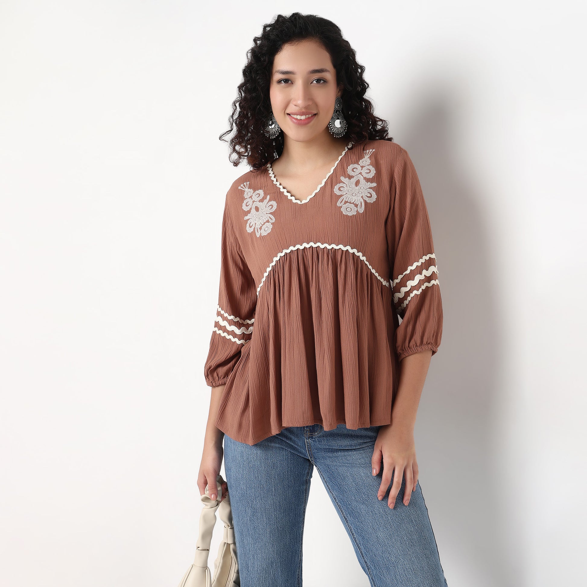 V-Neck W Cut Embroidered Top