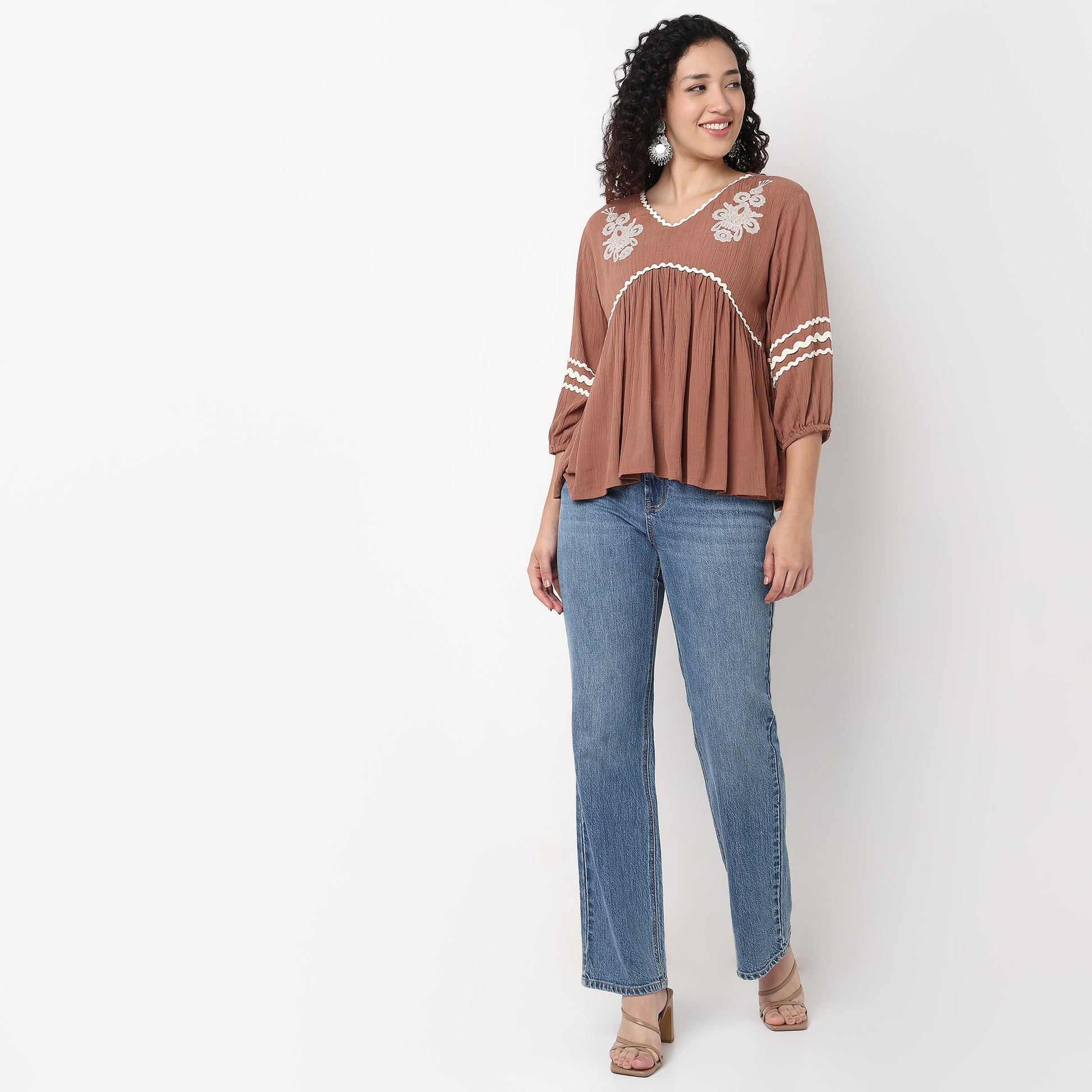 V-Neck W Cut Embroidered Top