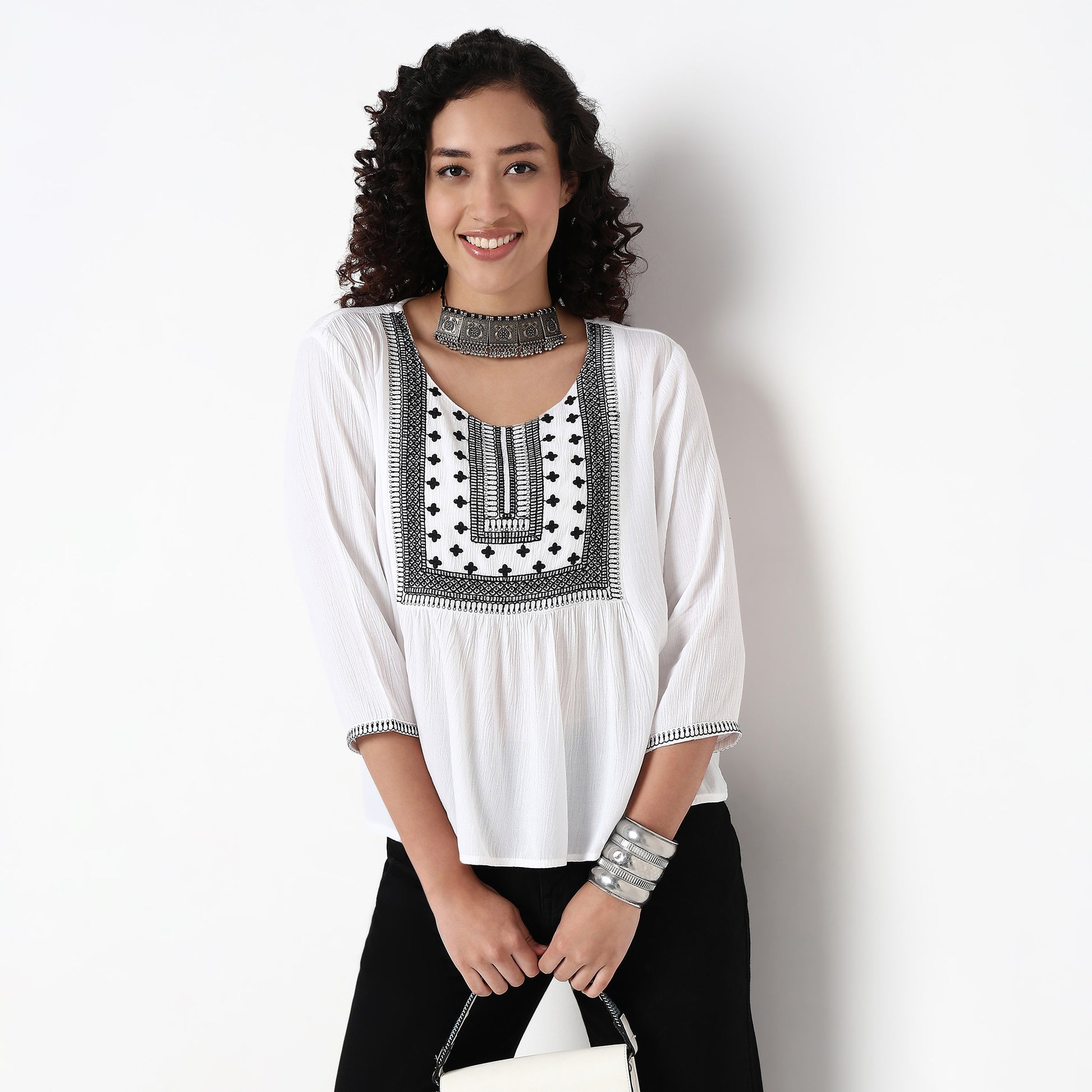 Woven Embroidered Straight Top