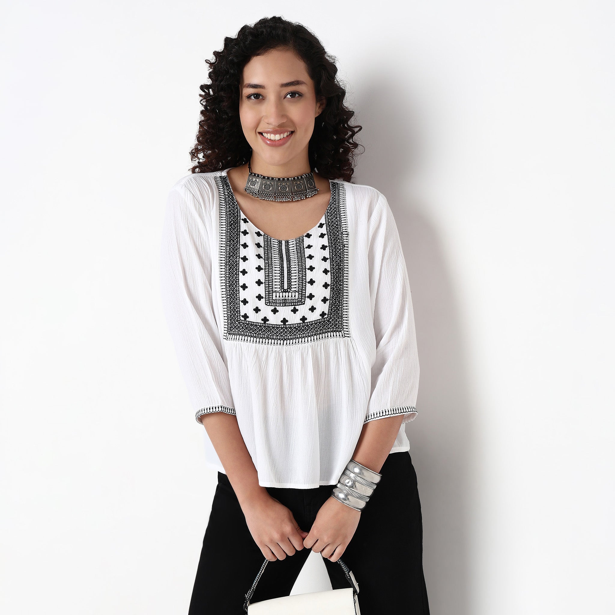 Woven Embroidered Straight Top