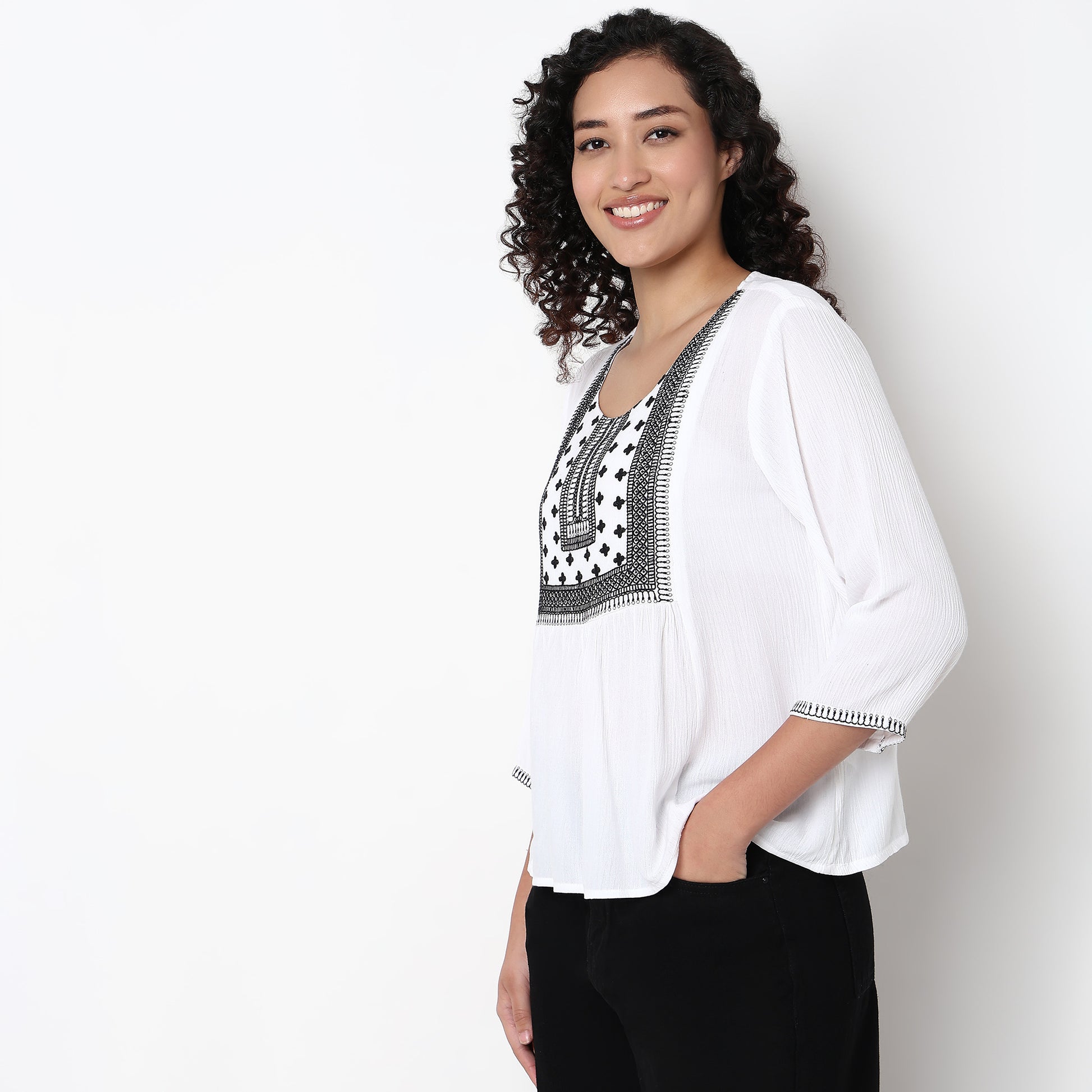 Woven Embroidered Straight Top