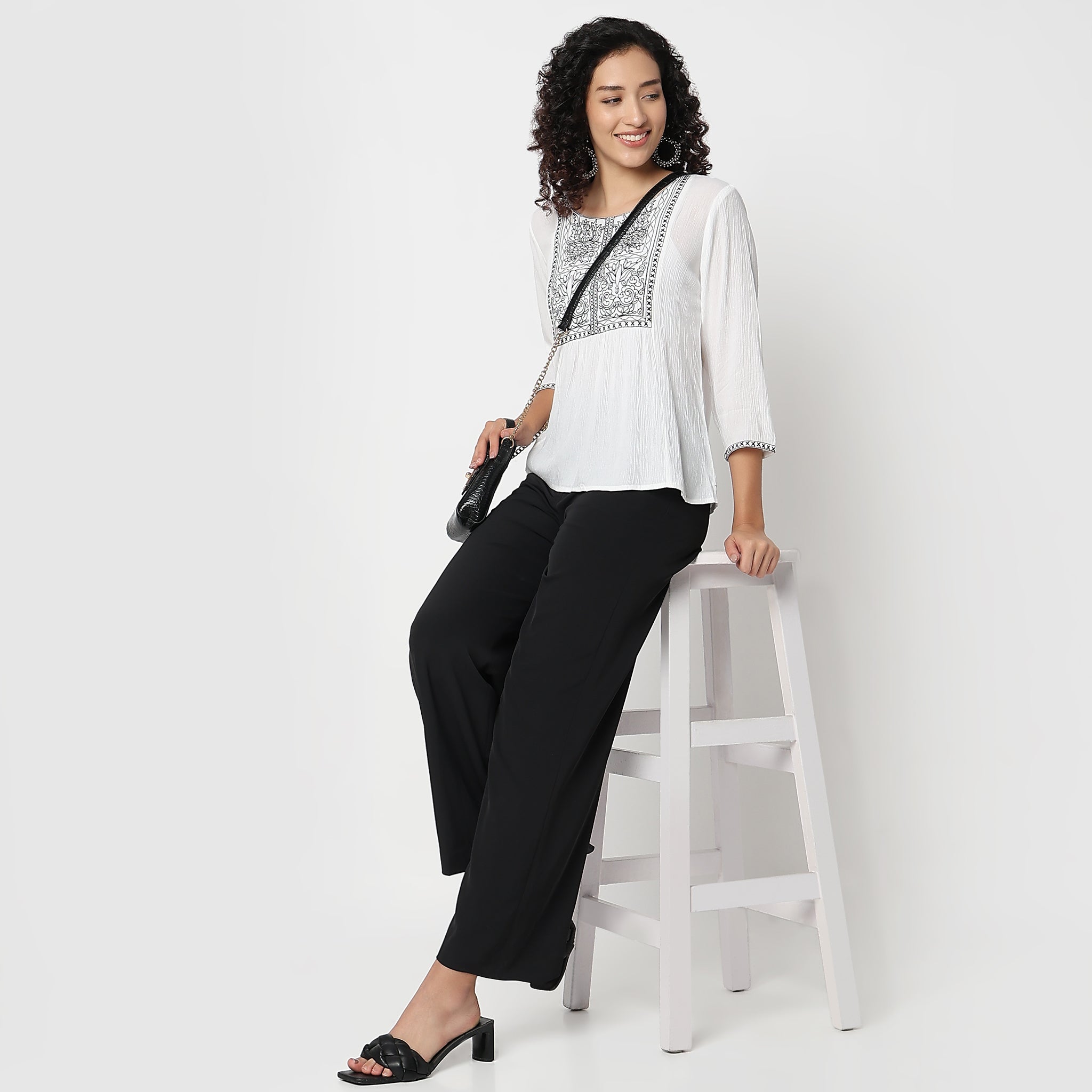 Flare Fit Embroidered Round Neck Top